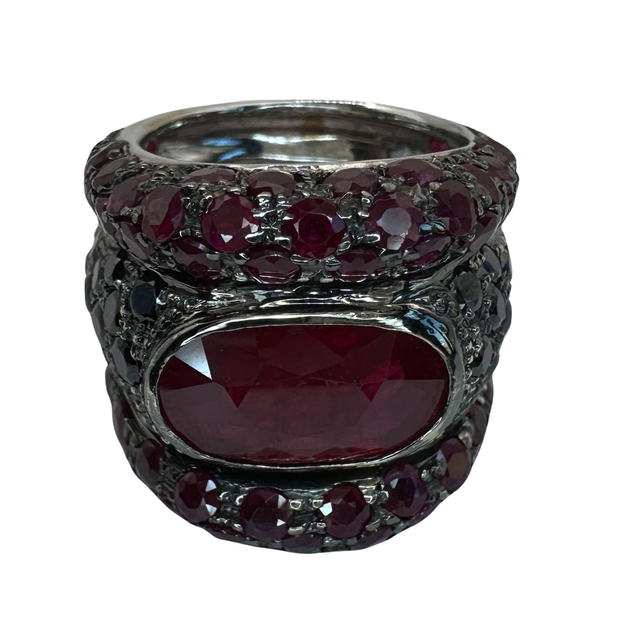 Round Cut 18k Black Diamond, African Ruby and Ruby Ring For Sale