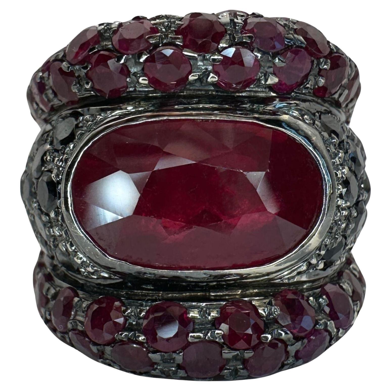 Bague 18k diamant noir, rubis africain et rubis