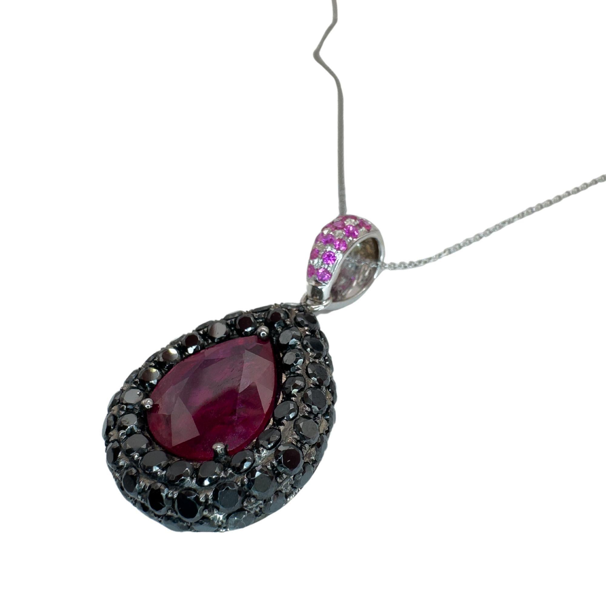 Round Cut 18k Black Diamond and African Ruby Pendant with 14k Chain Necklace