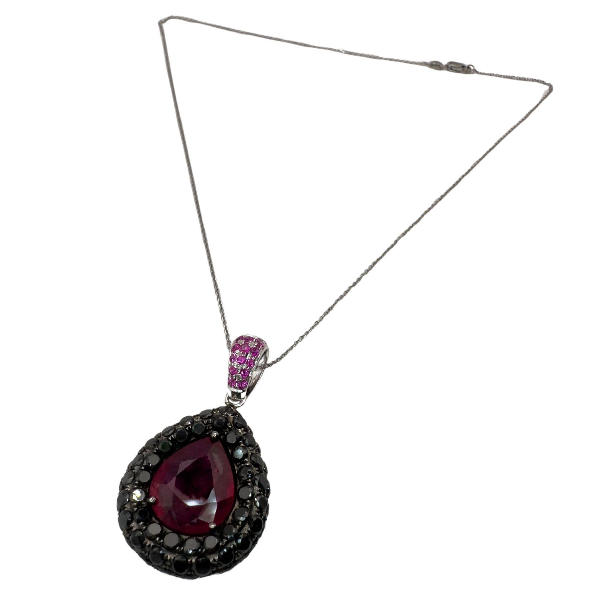 18k Black Diamond and African Ruby Pendant with 14k Chain Necklace In Good Condition In New York, NY