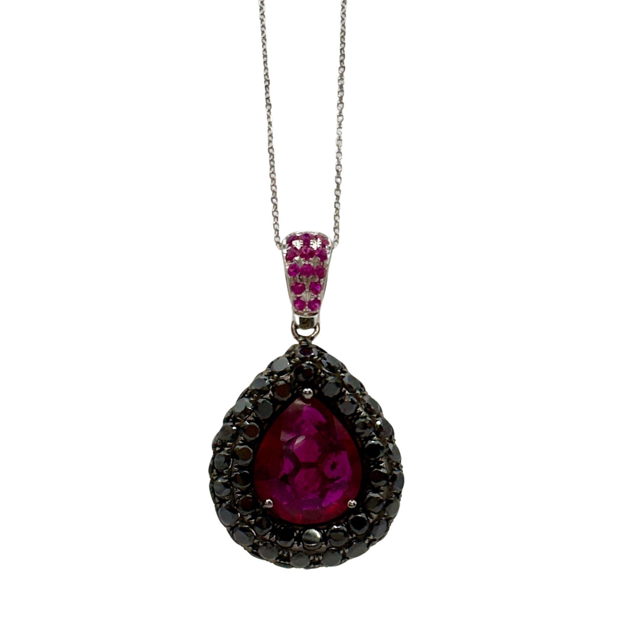 18k Black Diamond and African Ruby Pendant with 14k Chain Necklace 1