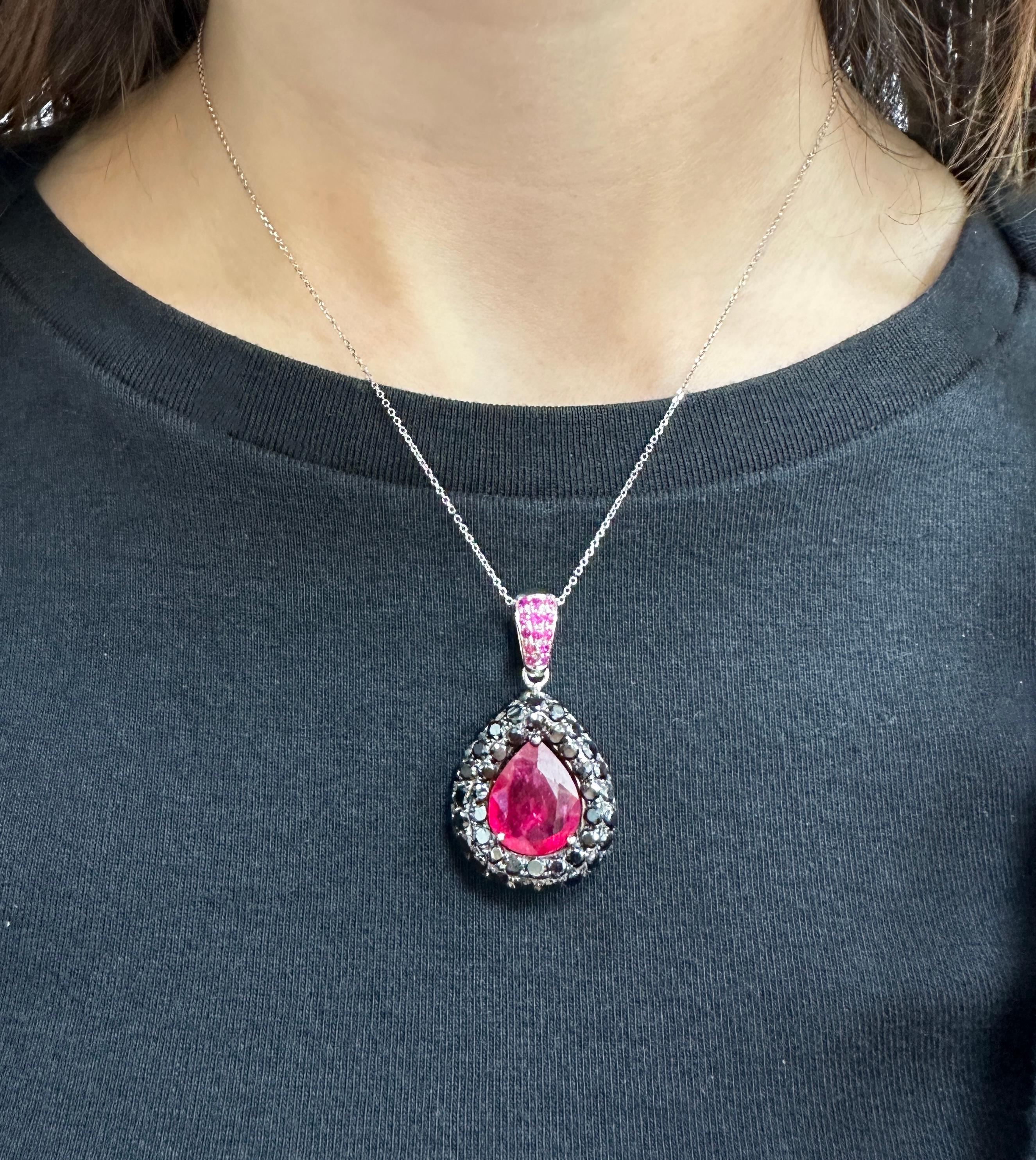 18k Black Diamond and African Ruby Pendant with 14k Chain Necklace 3