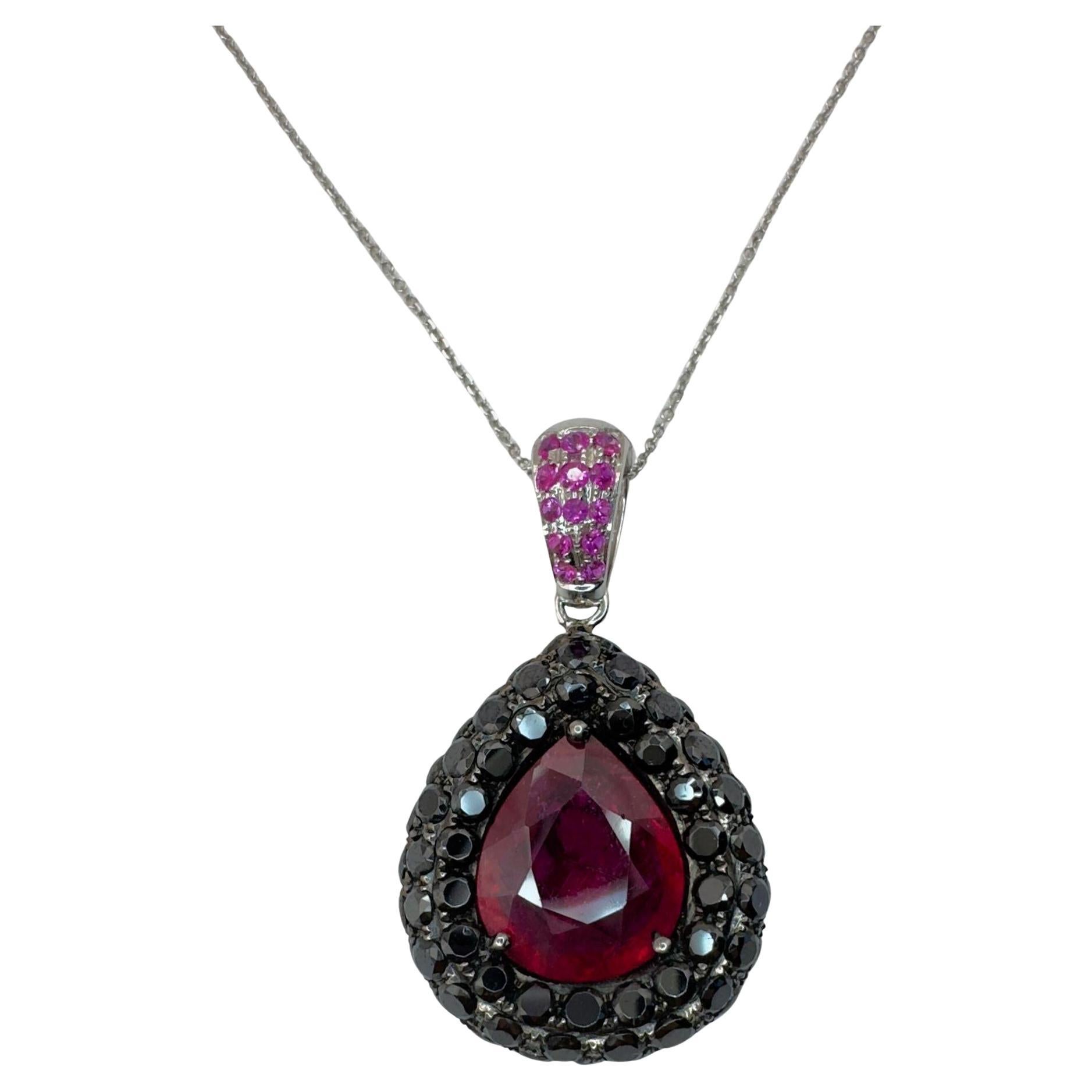 18k Black Diamond and African Ruby Pendant with 14k Chain Necklace