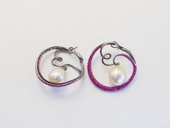 18K Black Gold 10.2x11.8 mm South Sea Pearl & 2.79ct Ruby Circular Earrings