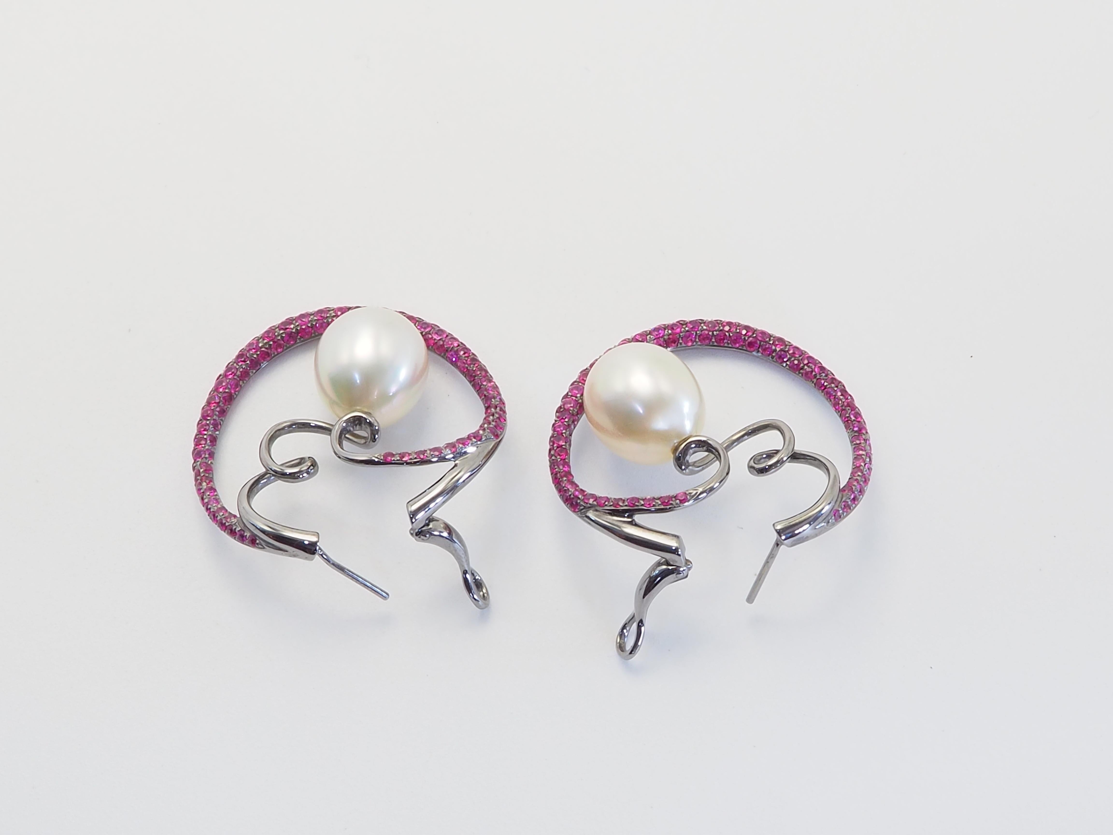 Bead 18K Black Gold 10.2x11.8 mm South Sea Pearl & 2.79ct Ruby Circular Earrings For Sale