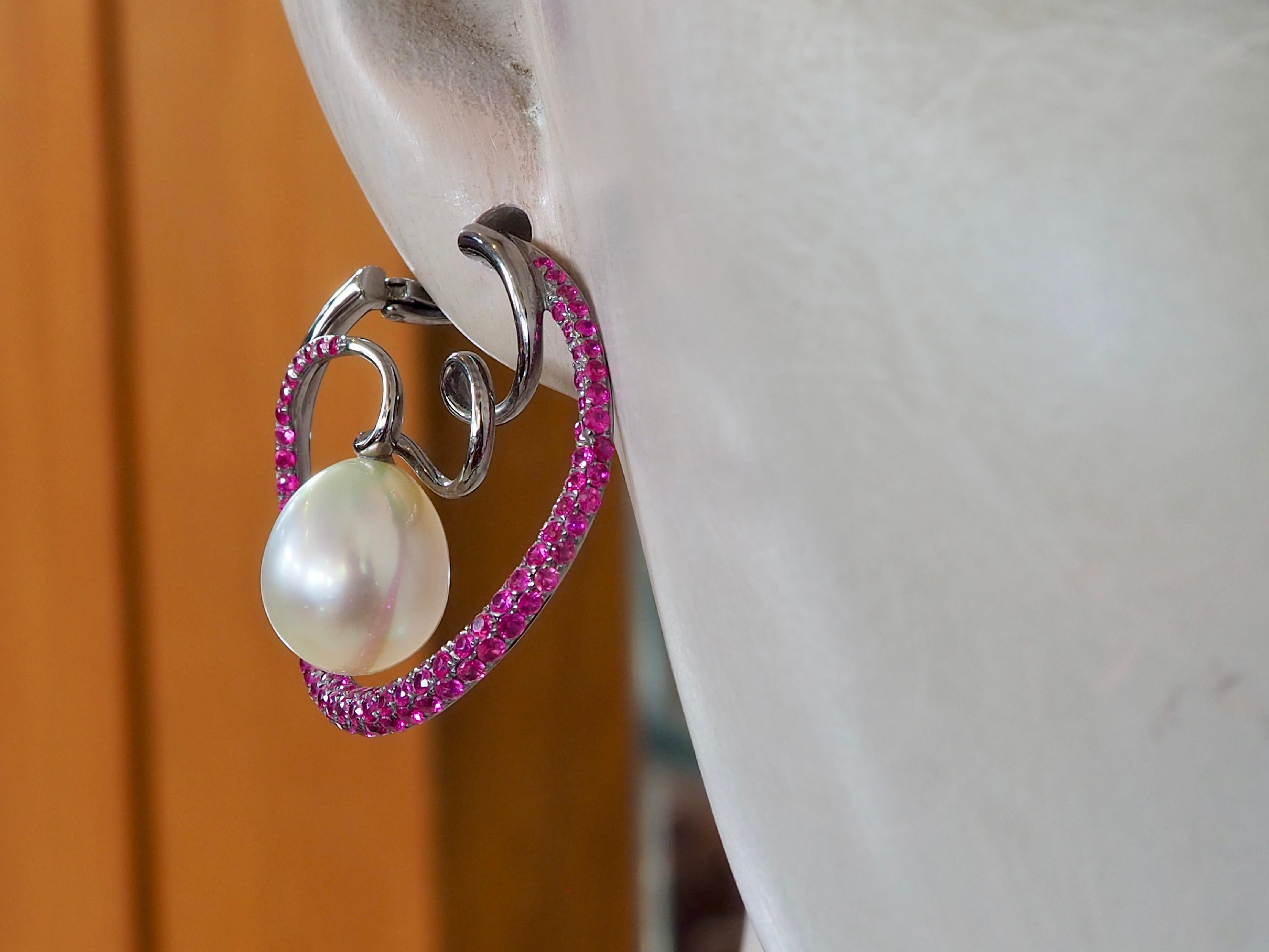 18K Black Gold 10.2x11.8 mm South Sea Pearl & 2.79ct Ruby Circular Earrings For Sale 1