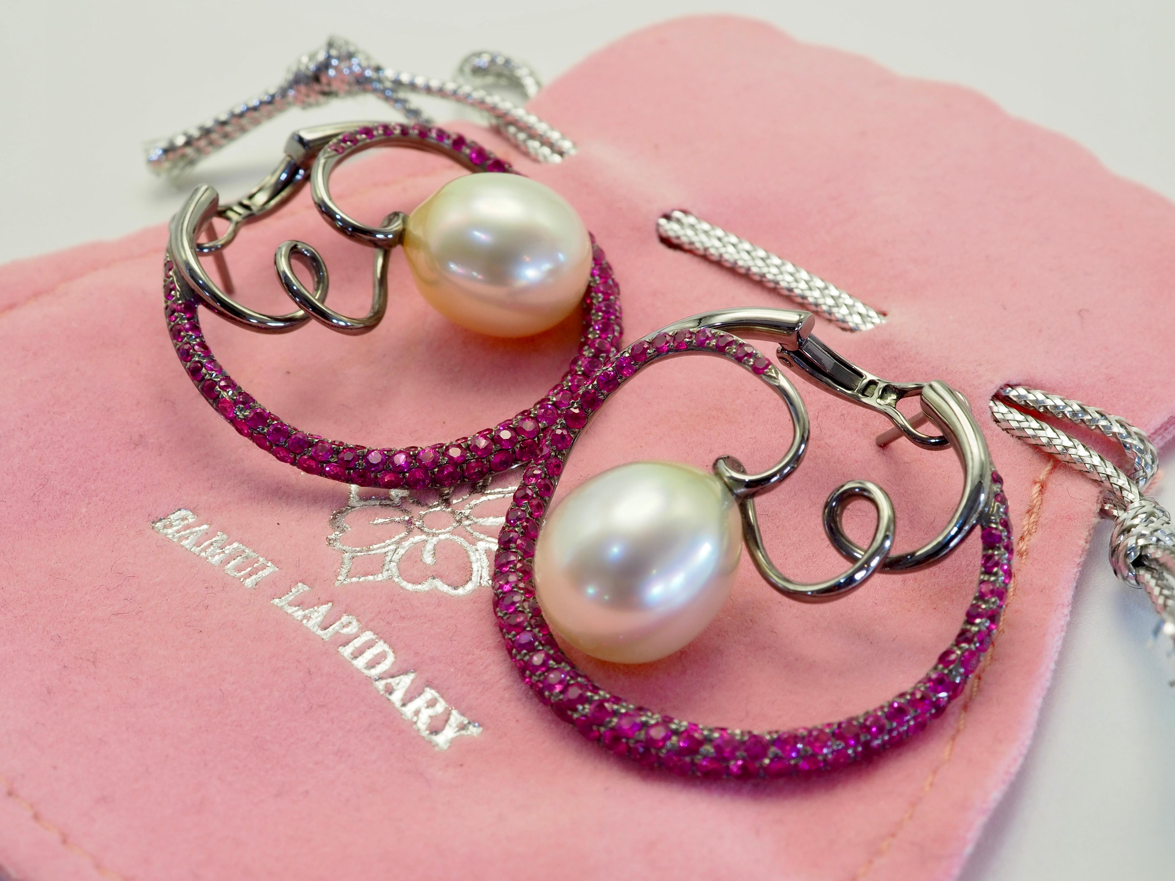 18K Black Gold 10.2x11.8 mm South Sea Pearl & 2.79ct Ruby Circular Earrings For Sale 4