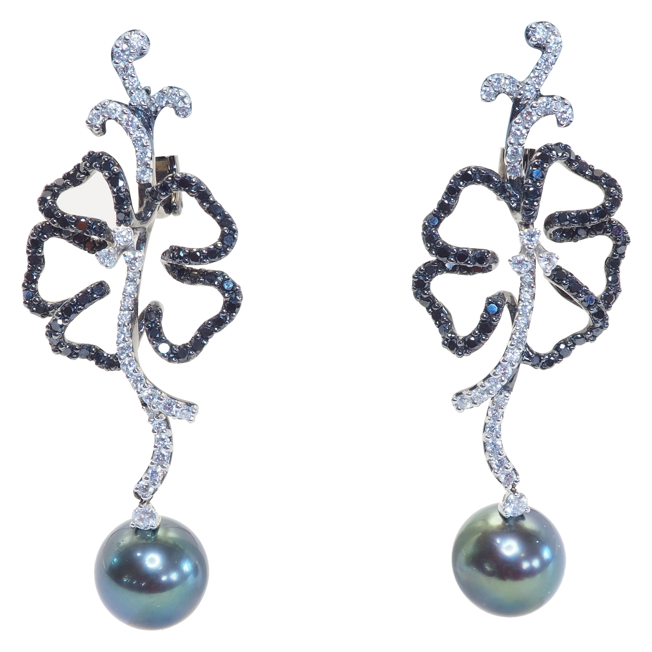 18K Black Gold 10.7mm Tahitian Greenish Black Pearl & 1.99ct Diamond Earrings For Sale