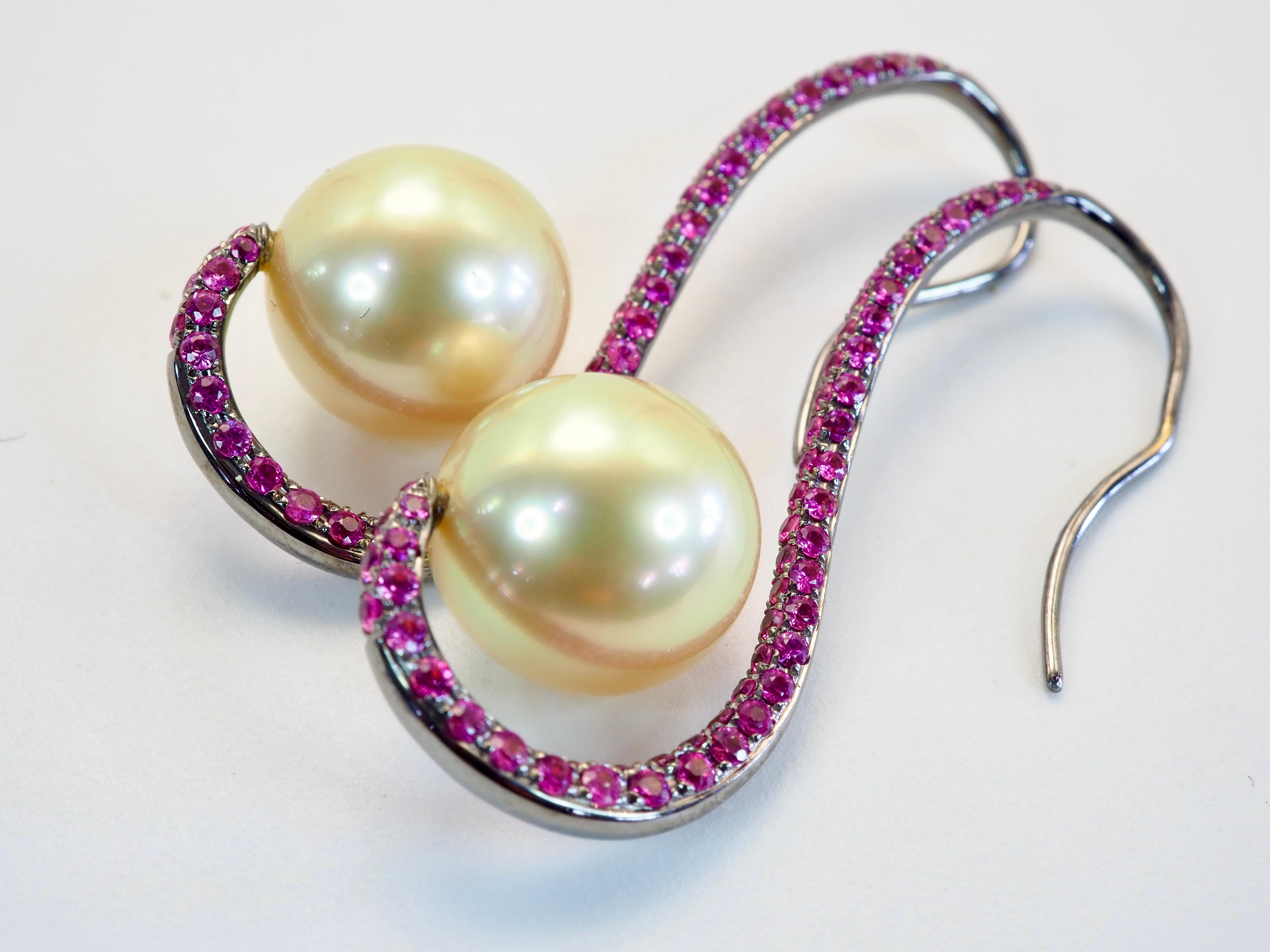 Bead 18K Black Gold 11mm Golden South Sea Pearl & 1.90ct Pink Sapphire Dangle Earring For Sale