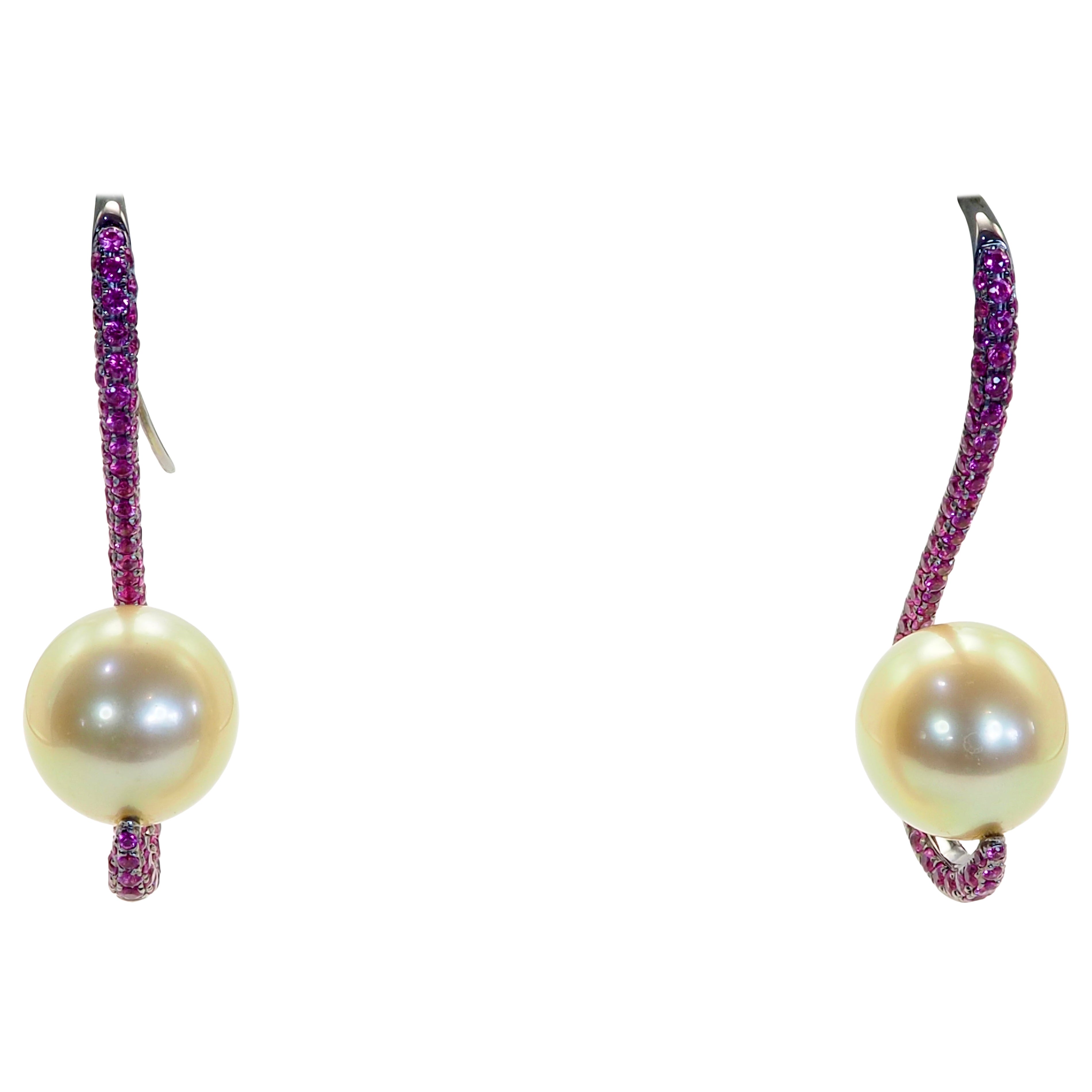 18K Black Gold 11mm Golden South Sea Pearl & 1.90ct Pink Sapphire Dangle Earring For Sale