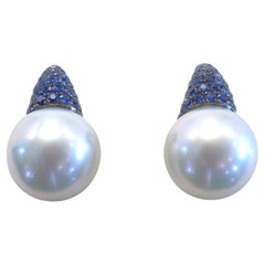 18K Black Gold 12.1mm South Sea Pearl 
1.10ct Blue Sapphire Latch-Back Earrings