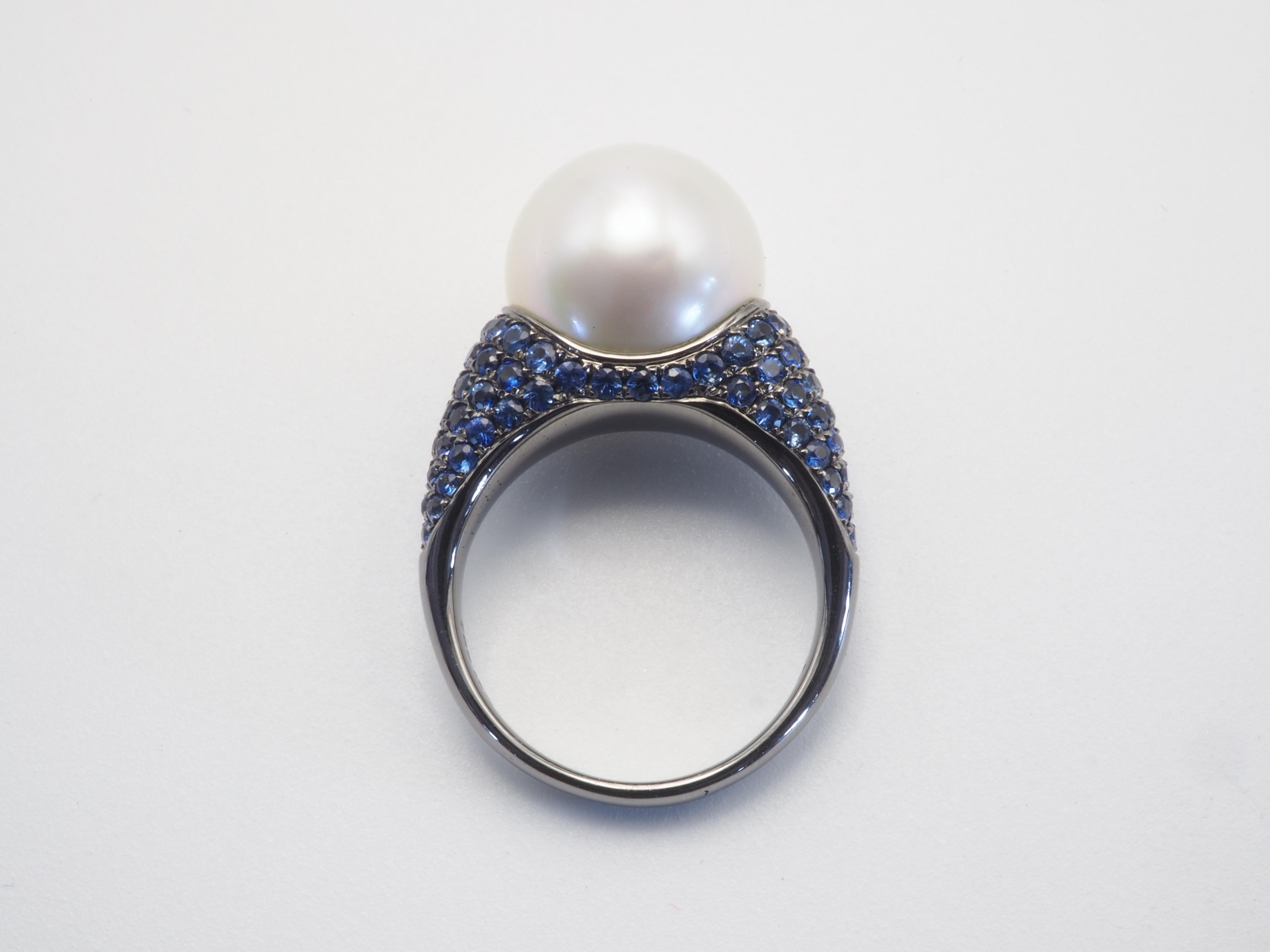 Round Cut 18k Black Gold 13mm South Sea Pearl & 1.74ct Blue Sapphire Cocktail Ring