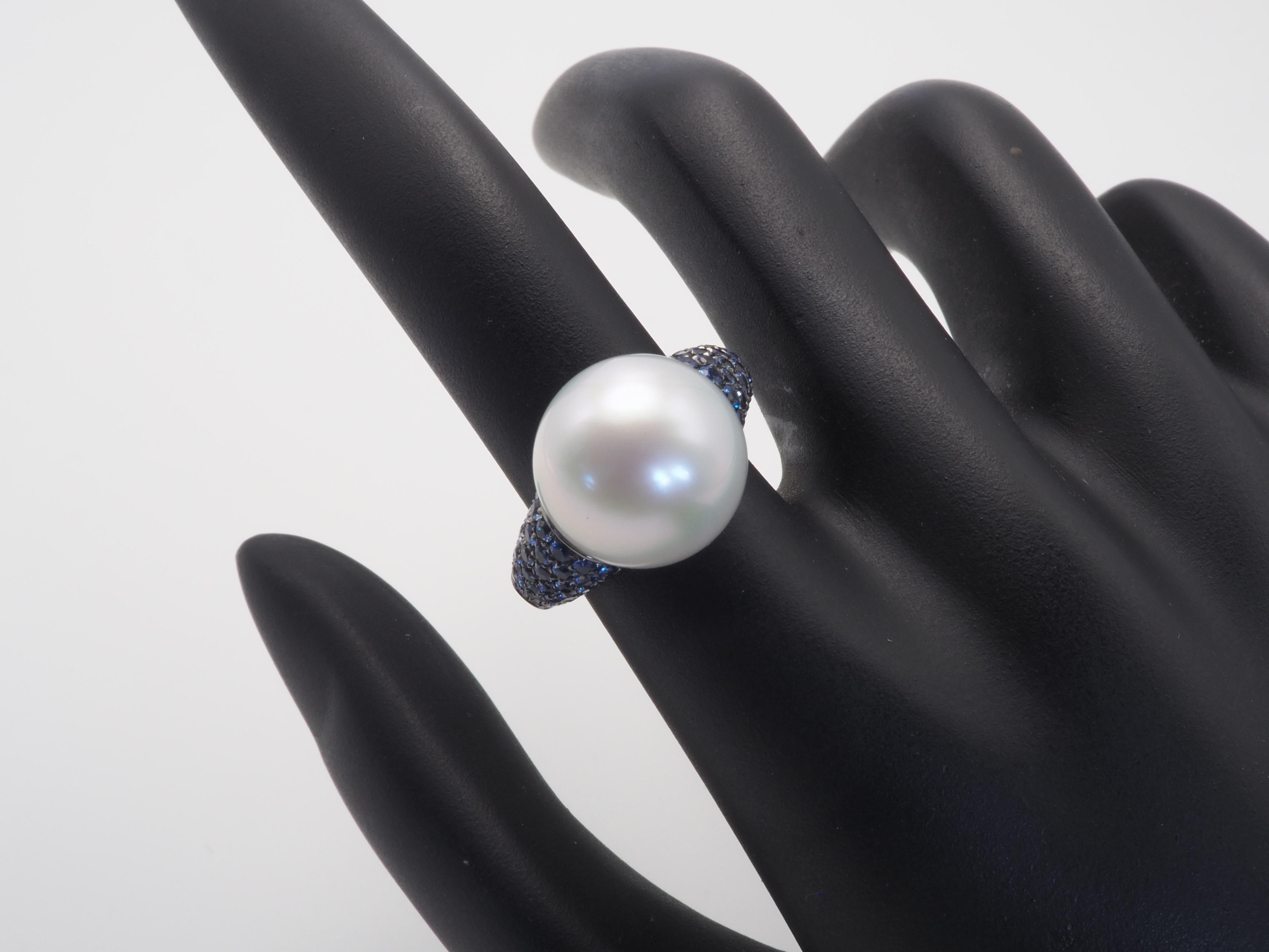 18k Black Gold 13mm South Sea Pearl & 1.74ct Blue Sapphire Cocktail Ring 1