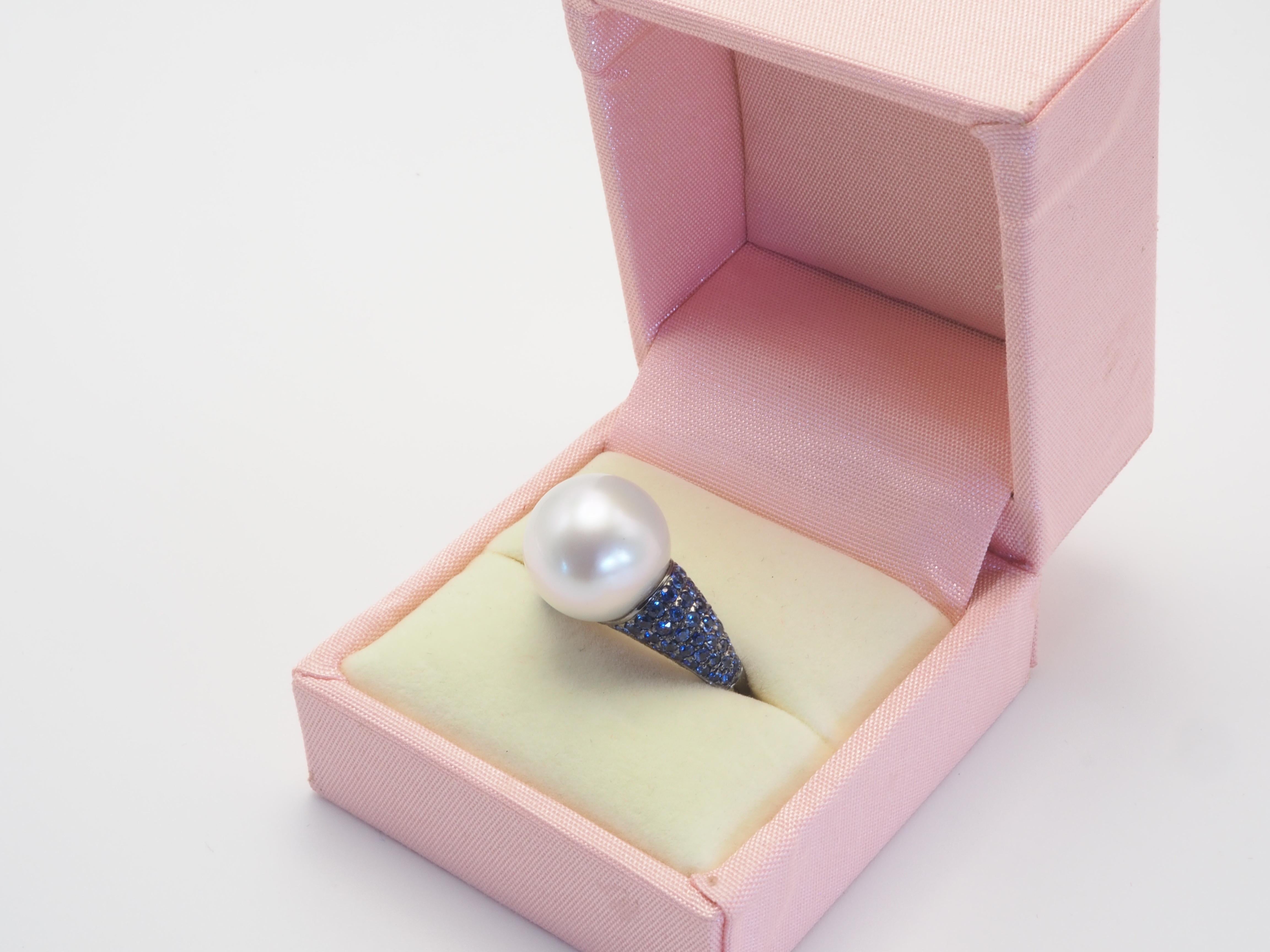 18k Black Gold 13mm South Sea Pearl & 1.74ct Blue Sapphire Cocktail Ring 2