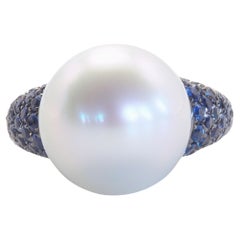18k Black Gold 13mm South Sea Pearl & 1.74ct Blue Sapphire Cocktail Ring