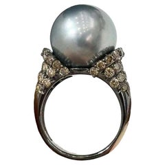 【Crown Radiance】Noir Aurora Tahitian Pearl Diamond Ring in 18K Black Gold
