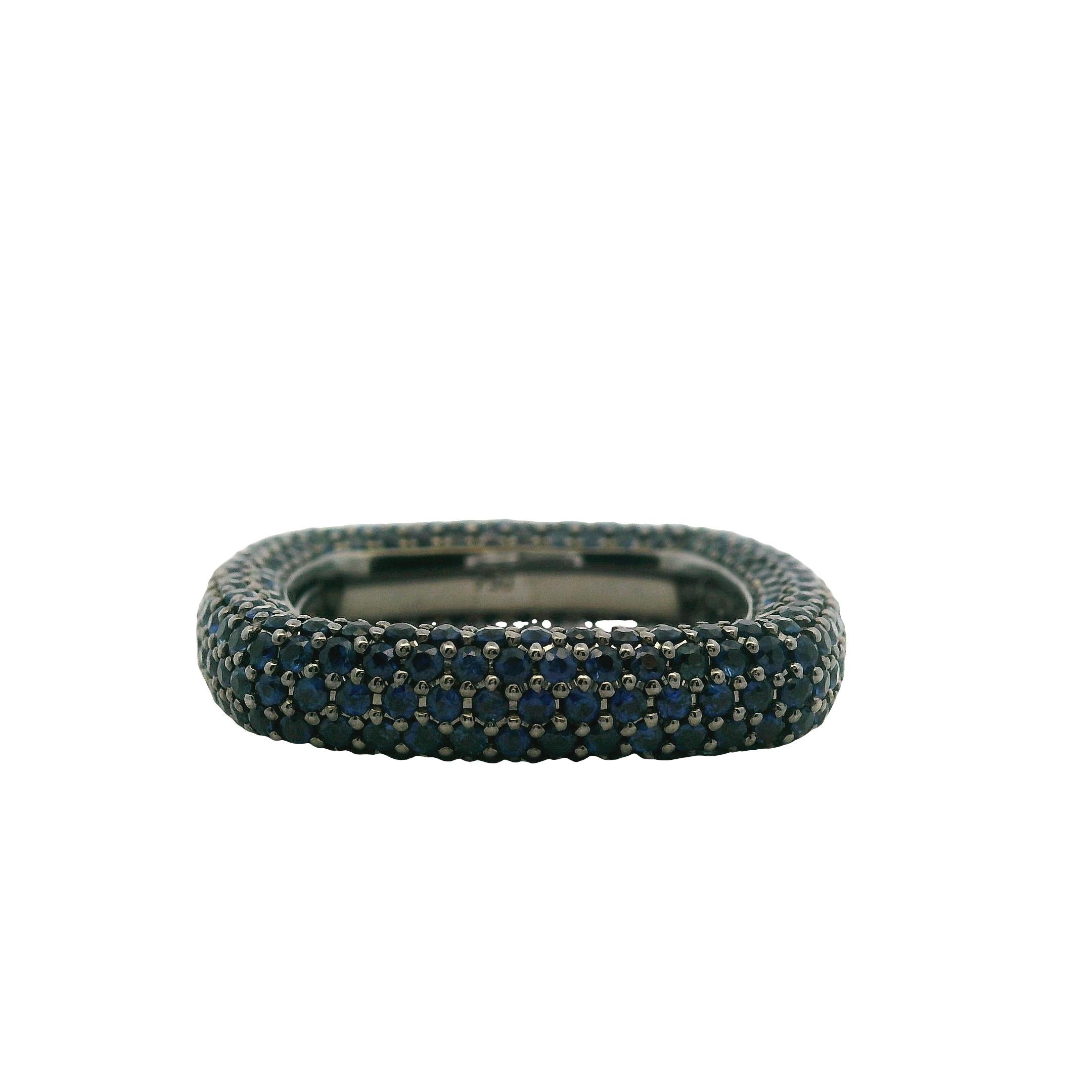18k Black Gold 4.01ctw Natural Round Cut Blue Sapphire Pave Square Ring For Sale 7