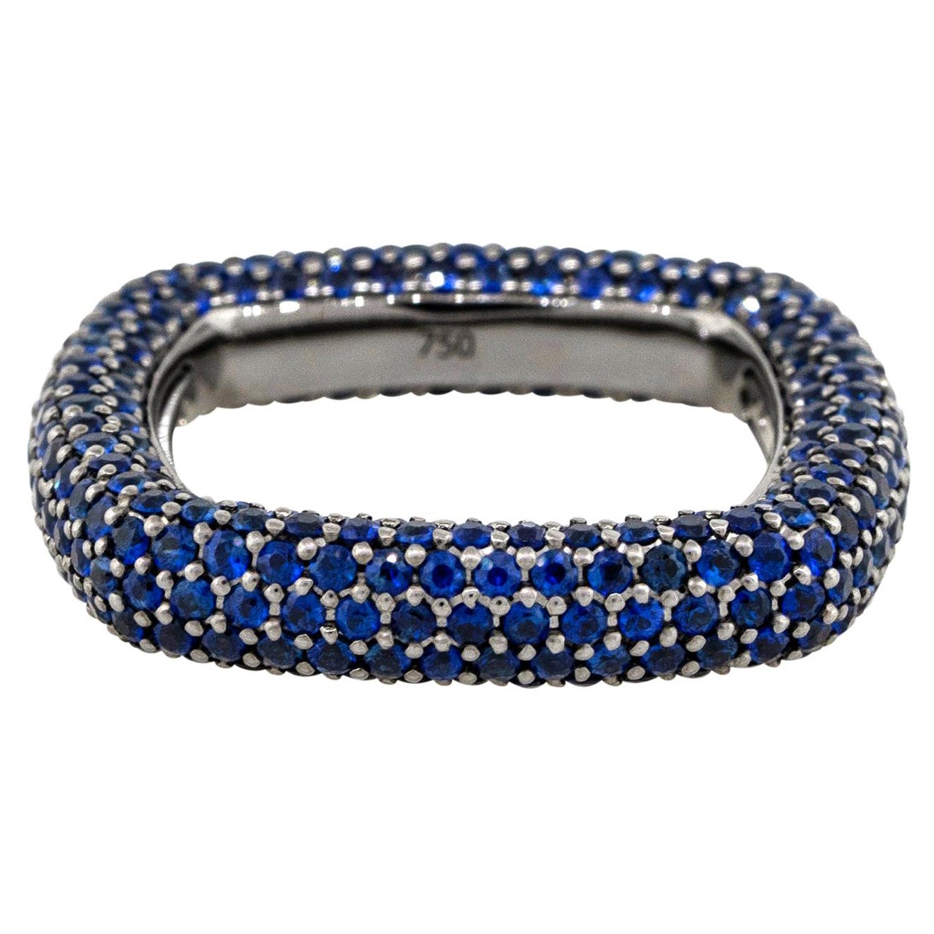 18k Black Gold 4.01ctw Natural Round Cut Blue Sapphire Pave Square Ring