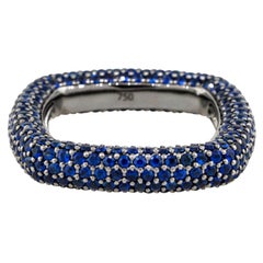 18k Black Gold 4.01ctw Natural Round Cut Blue Sapphire Pave Square Ring