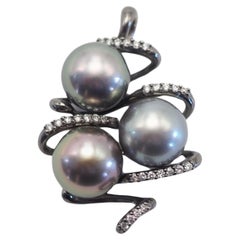 18K Black Gold Assorted Tahiti Pearls & 0.20ct Diamond Cluster Pendant