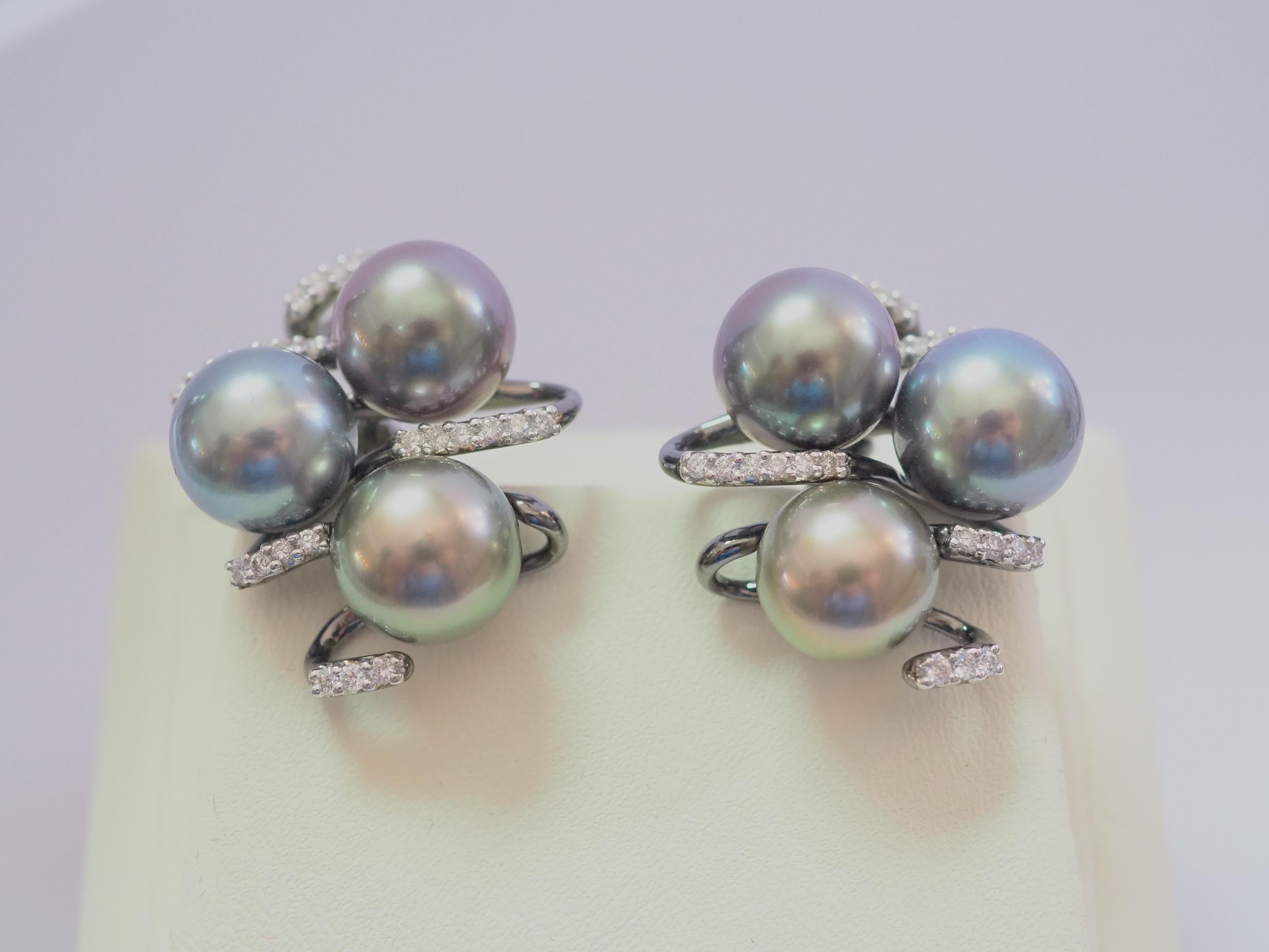 Awesome piece of jewelry and stunning in every way. This magnificent and creative latch- back earring uses varieties of hues of Tahiti Sea pearls very nicely. The metal work is also elegant with lots of curves. There are 6 pearls with many color