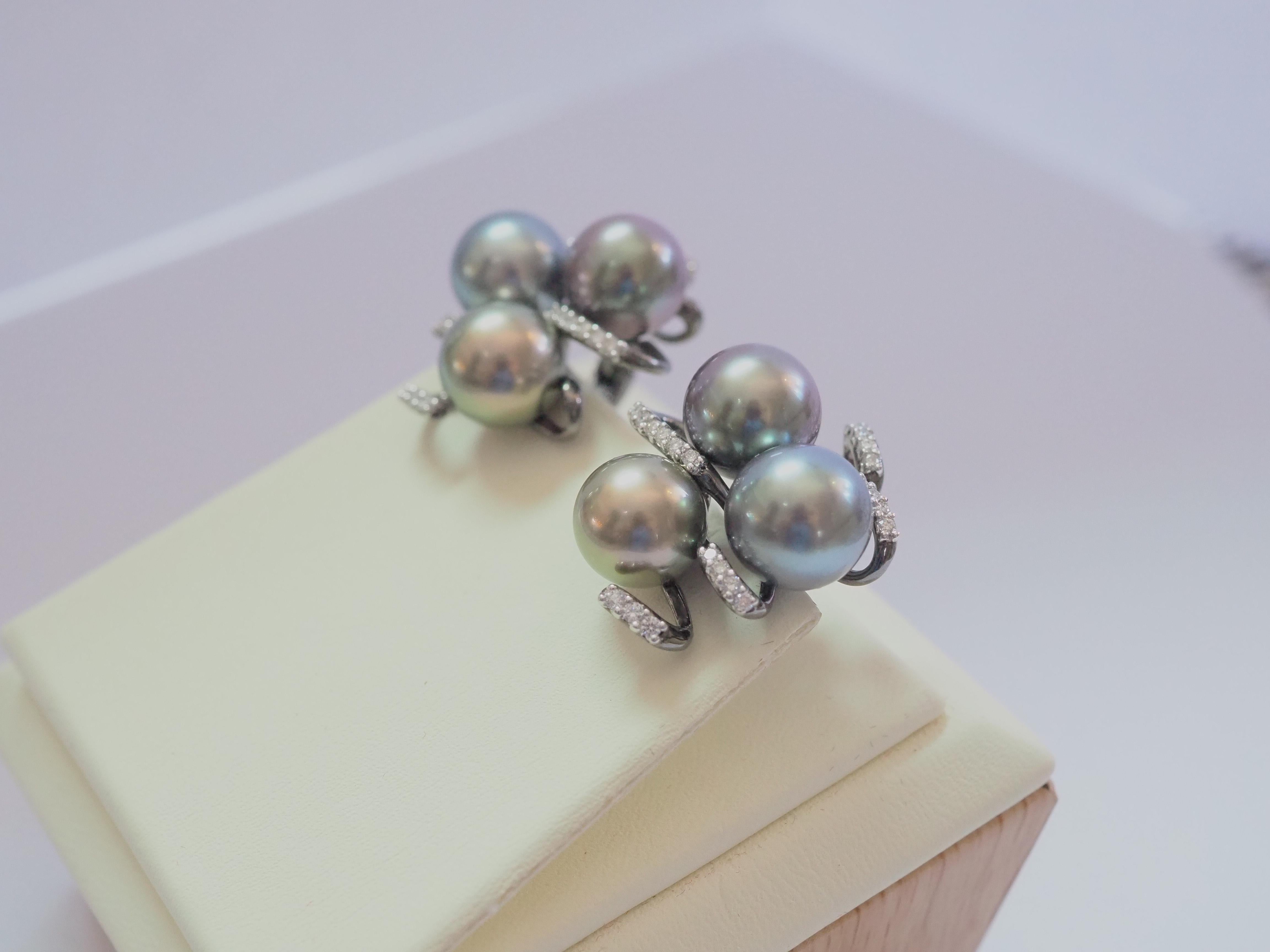 Bead 18K Black Gold Assorted Tahiti Pearls & 0.40ct Diamond Latch- Back Earring