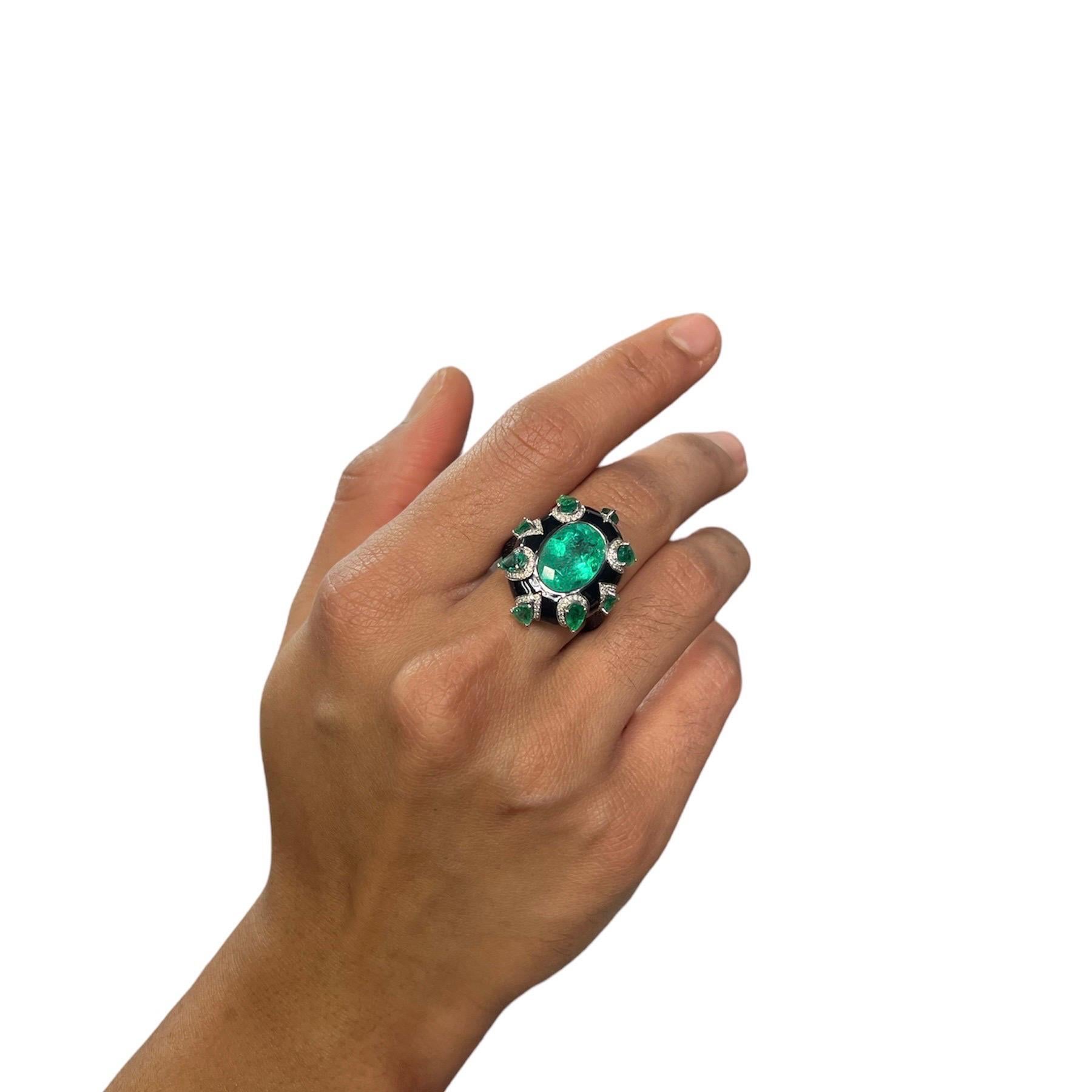 Oval Cut 18K Black Gold Colombian Emerald and Diamond Ring For Sale