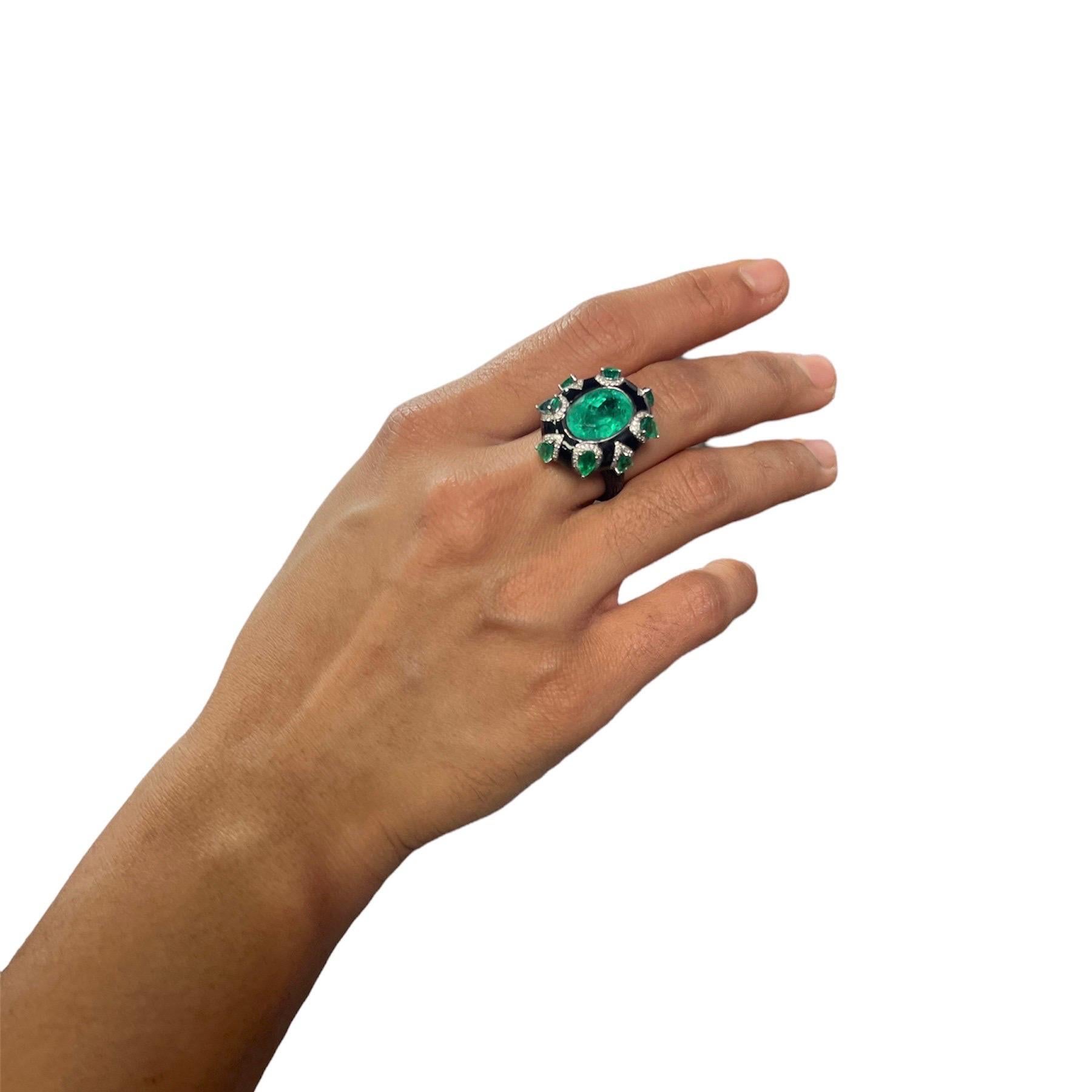 Women's or Men's 18K Black Gold Colombian Emerald and Diamond Ring For Sale