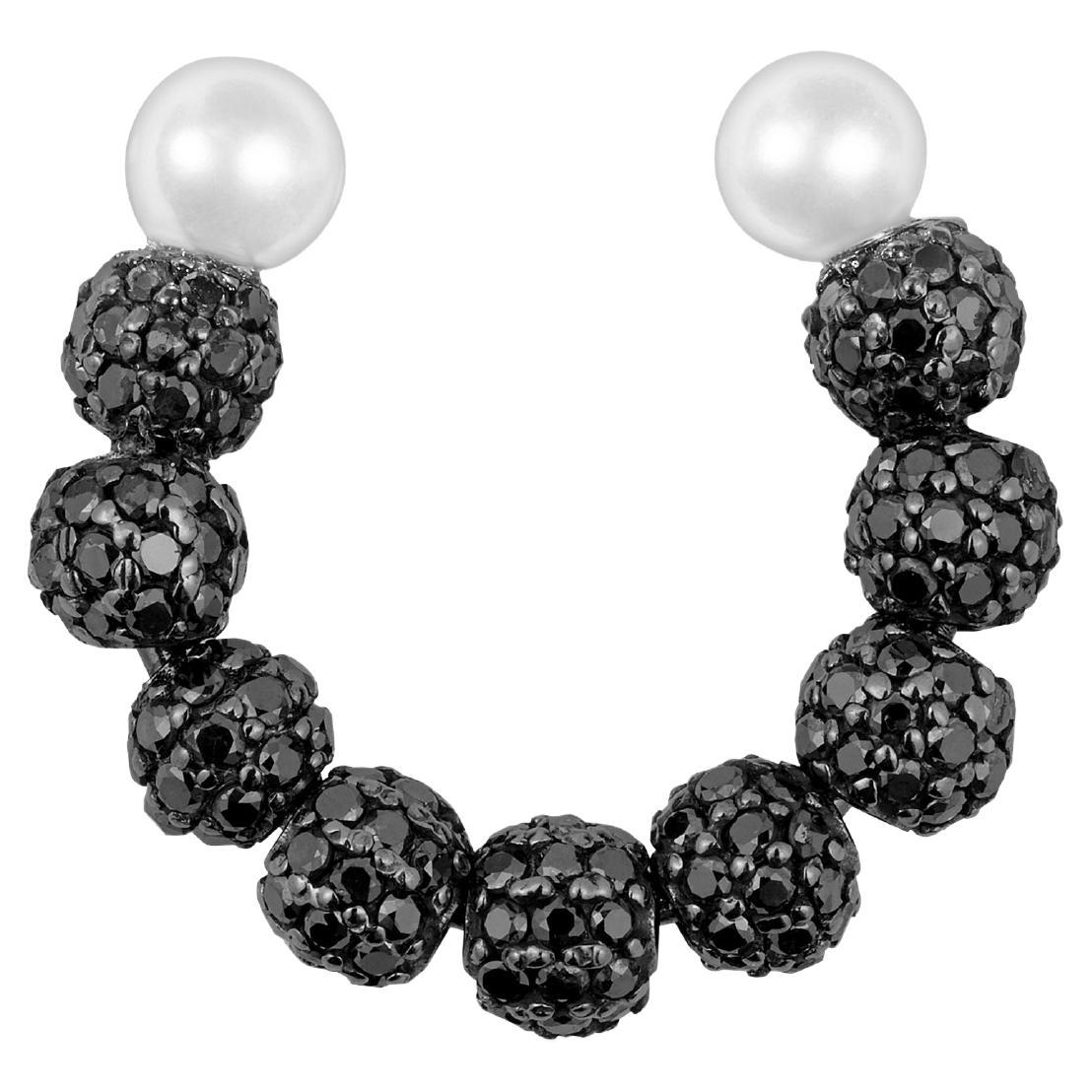 18k Black Gold Ear Cuff with Black Diamonds and AAA Akoya Pearls For