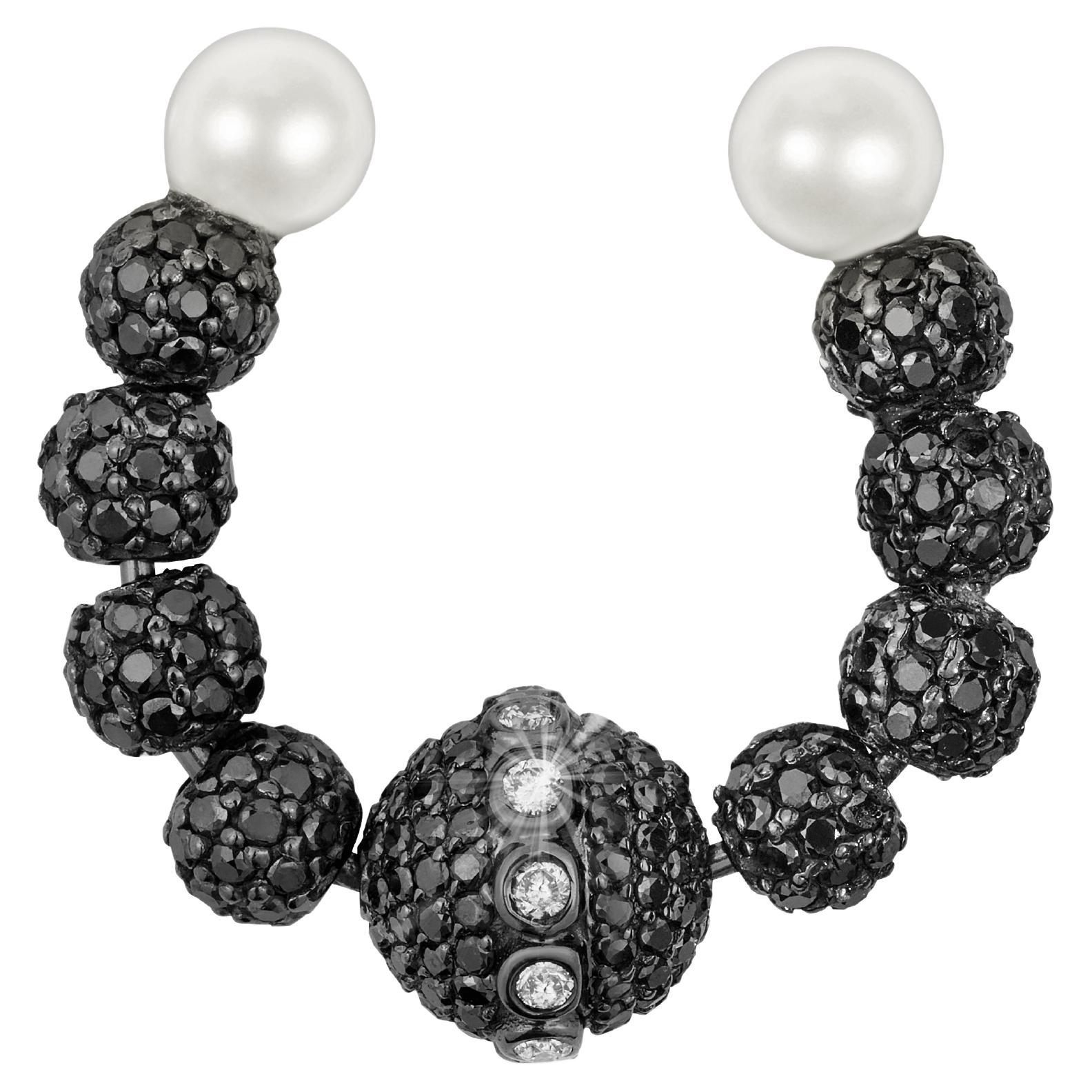 18k Black Gold Ear Cuff with Black Diamonds and AAA Akoya Pearls For