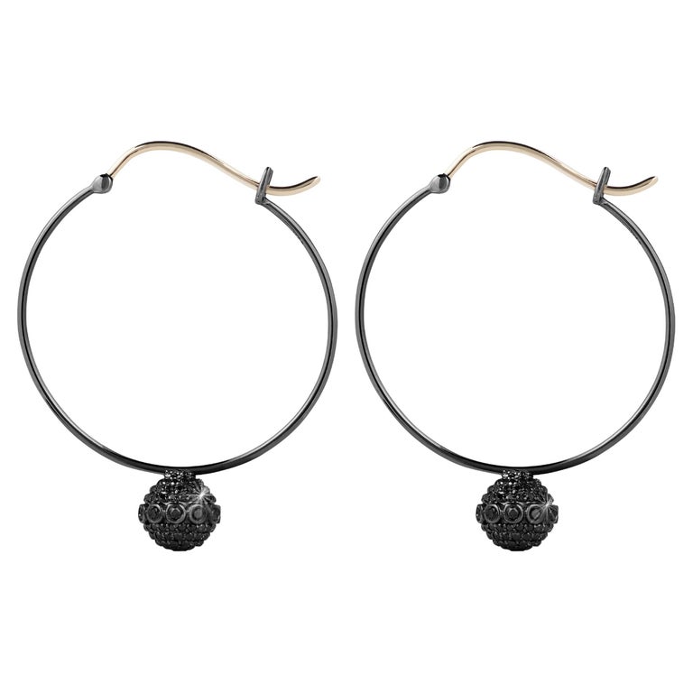 18k black gold hoop earrings with black diamondencrusted orbs For Sale at 1stDibs