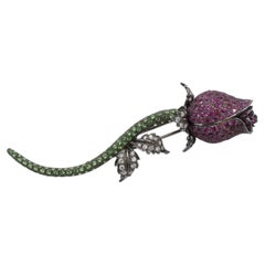 18K Black Gold Natural Diamond, Sapphire & Demantoid Garnet Flower Rose Pin
