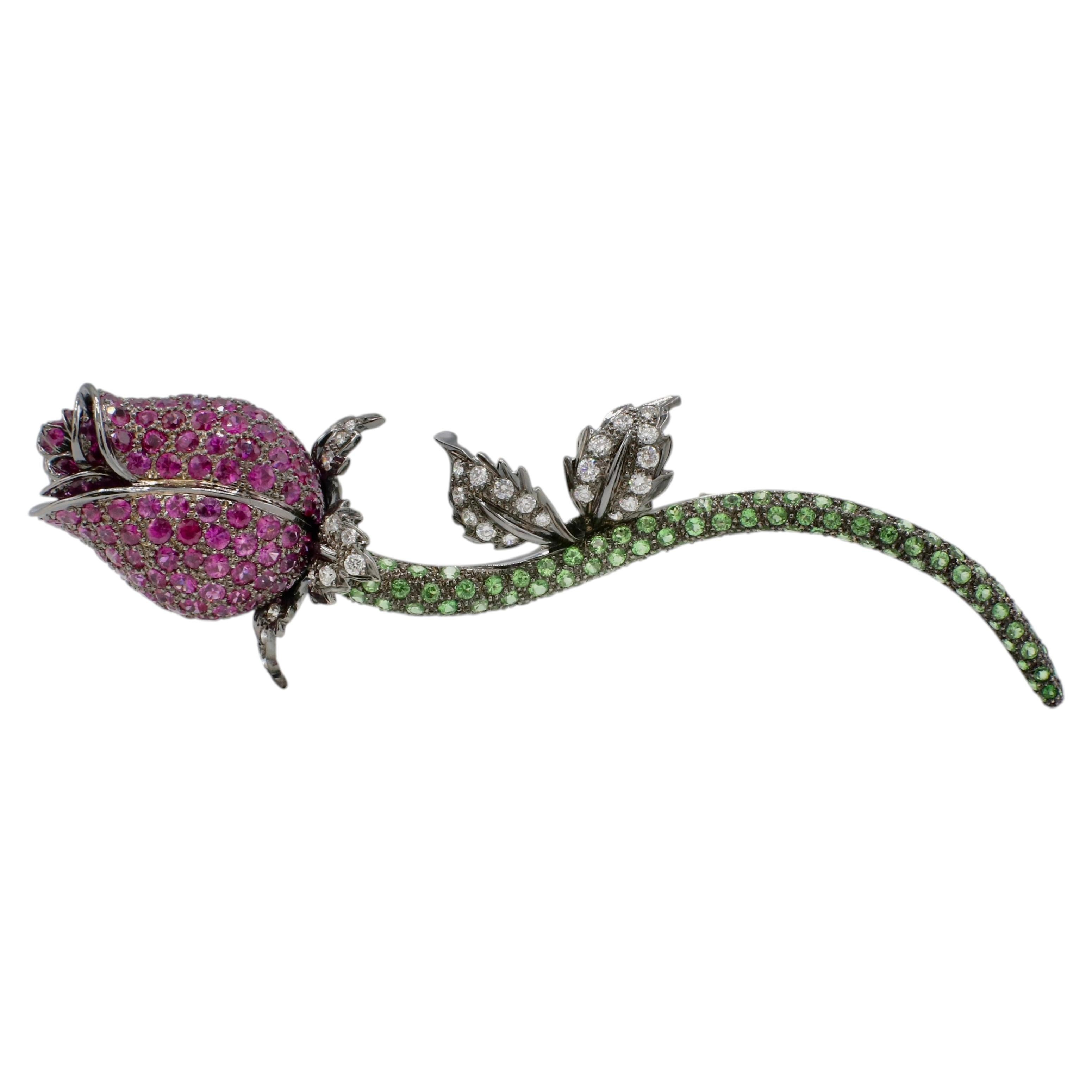 18K Black Gold Natural Diamond, Sapphire & Demantoid Garnet Flower Rose Pin