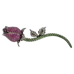18K Black Gold Natural Diamond, Sapphire & Demantoid Garnet Flower Rose Pin