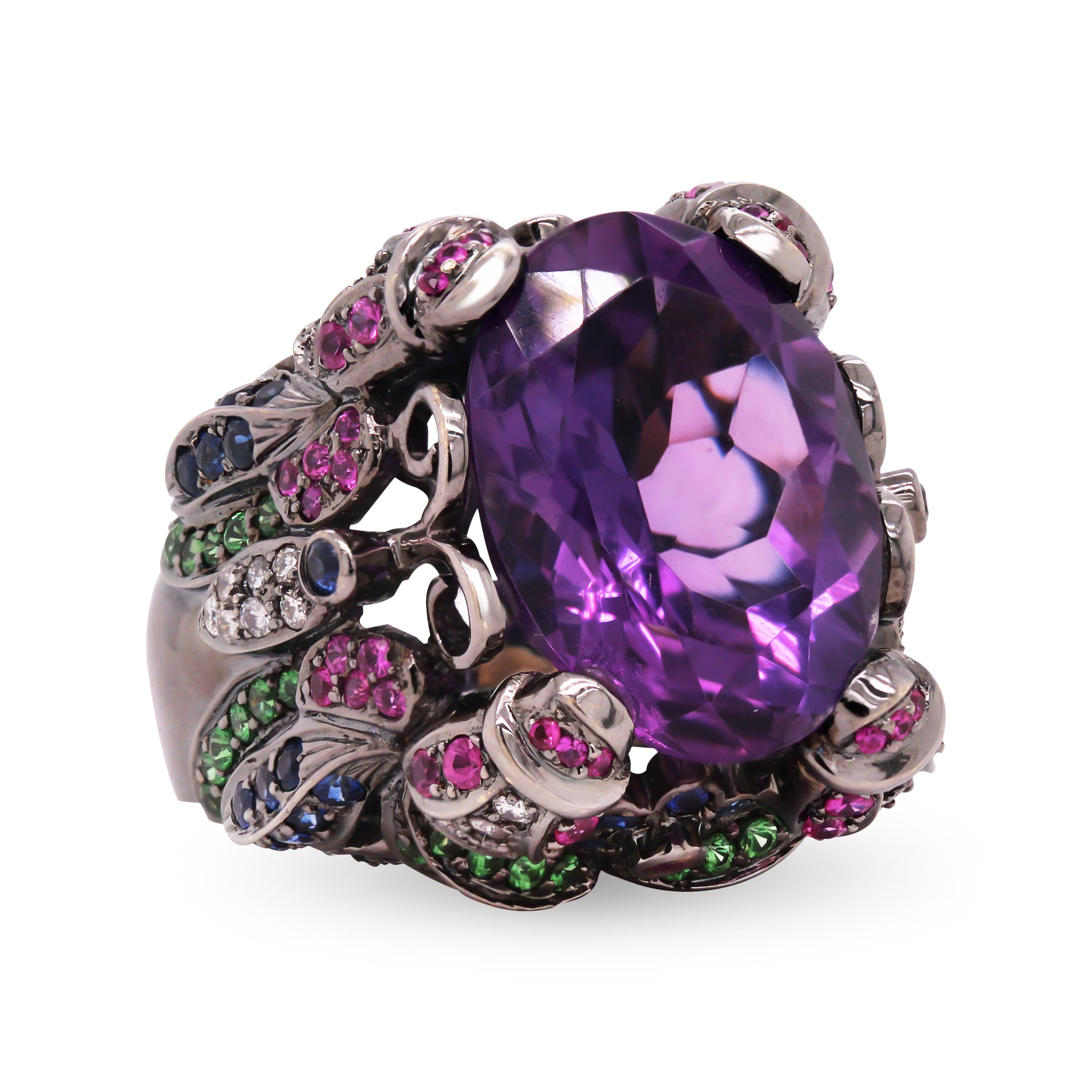 Contemporary 18K Black Gold Oval Amethyst Multi Color Sapphire Floral Motif Cocktail Ring For Sale
