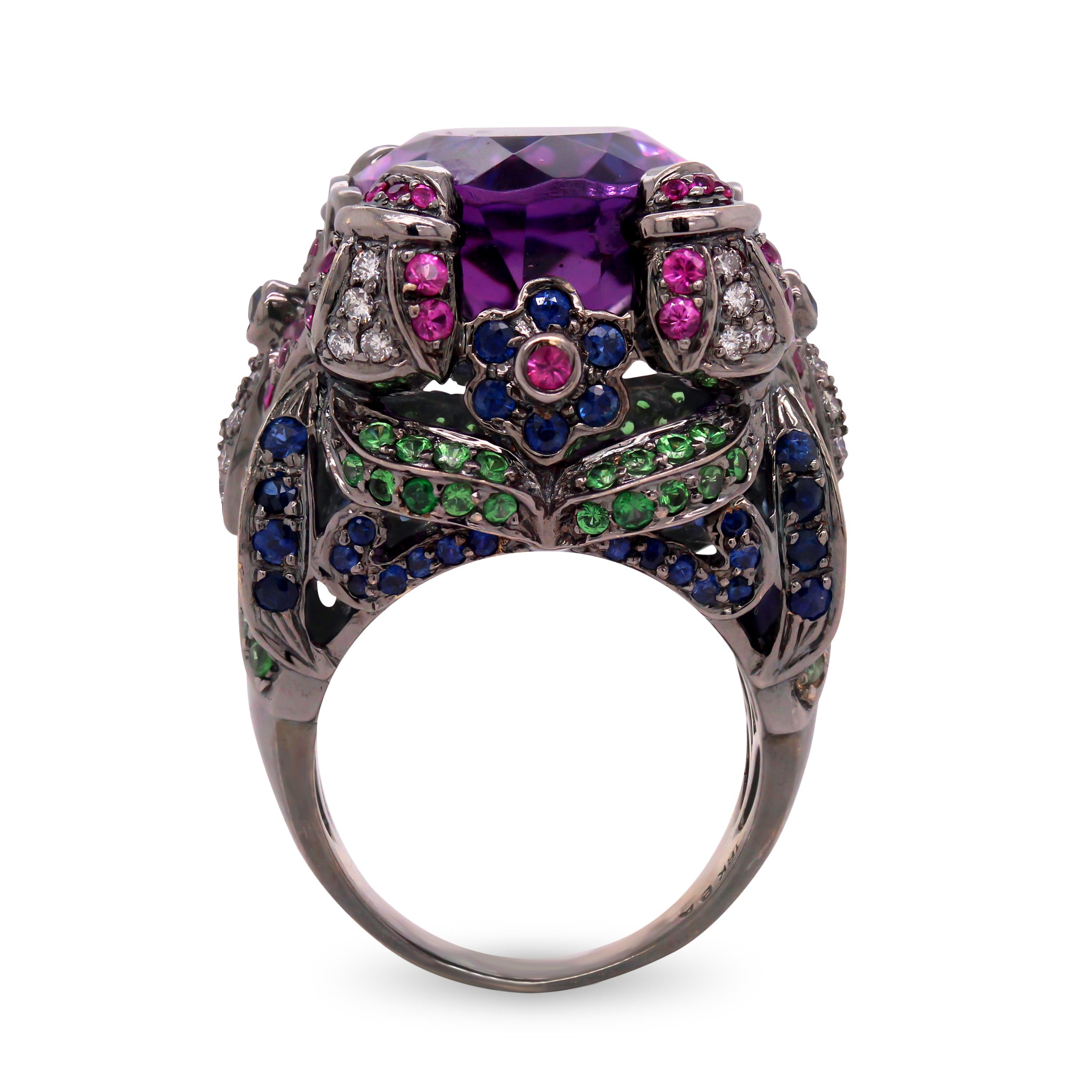Oval Cut 18K Black Gold Oval Amethyst Multi Color Sapphire Floral Motif Cocktail Ring For Sale