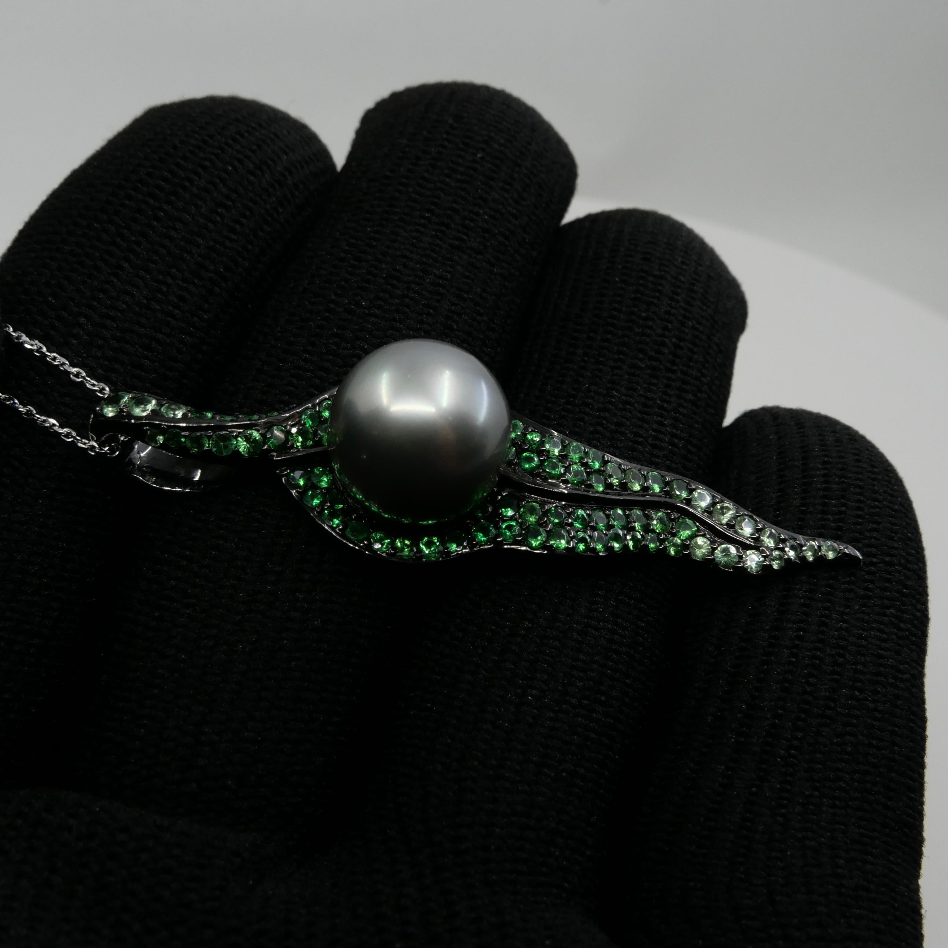 18k Black Gold, Tsavorite Green Garnet & South Sea Pearl Drop Pendant Necklace For Sale 8
