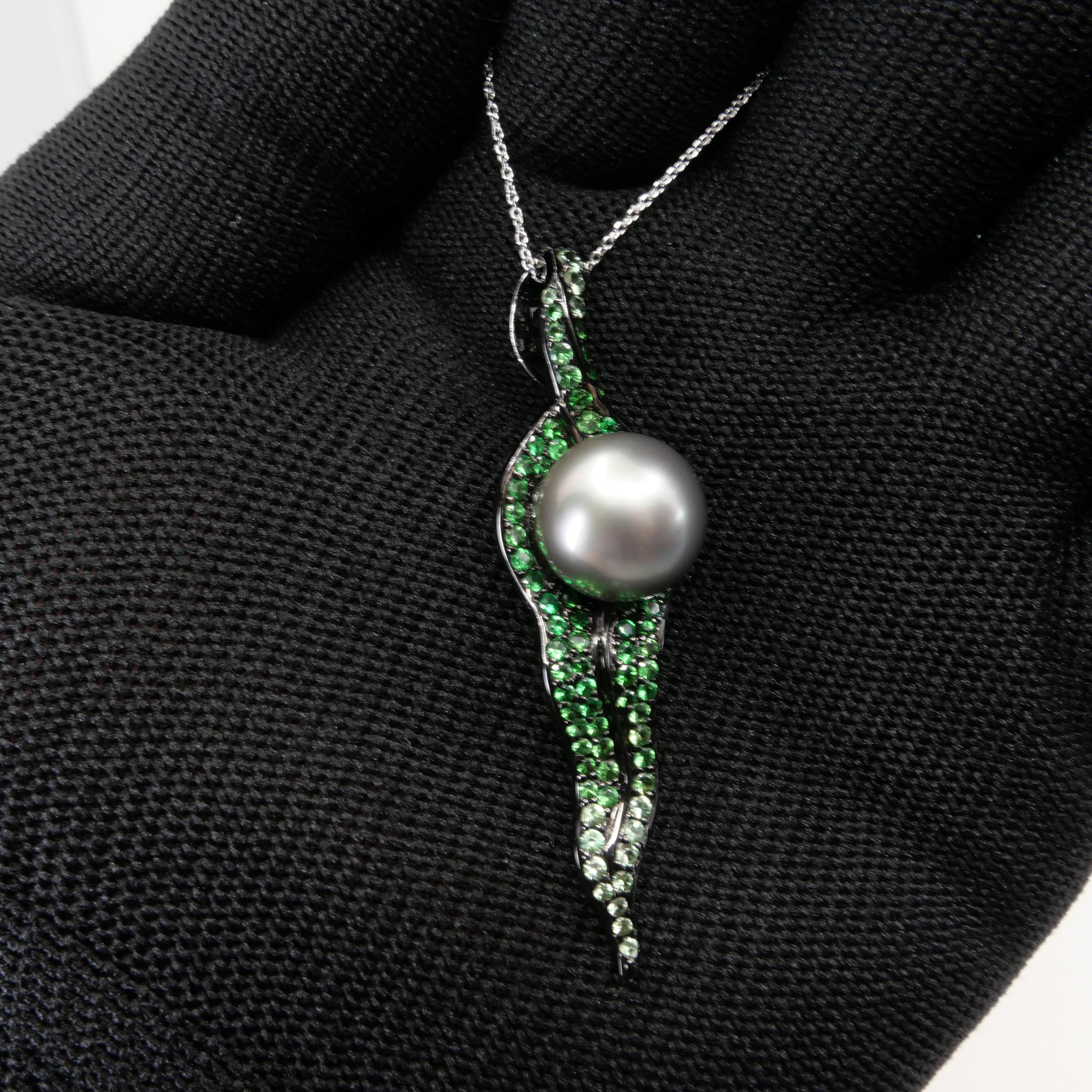 18k Black Gold, Tsavorite Green Garnet & South Sea Pearl Drop Pendant Necklace For Sale 10