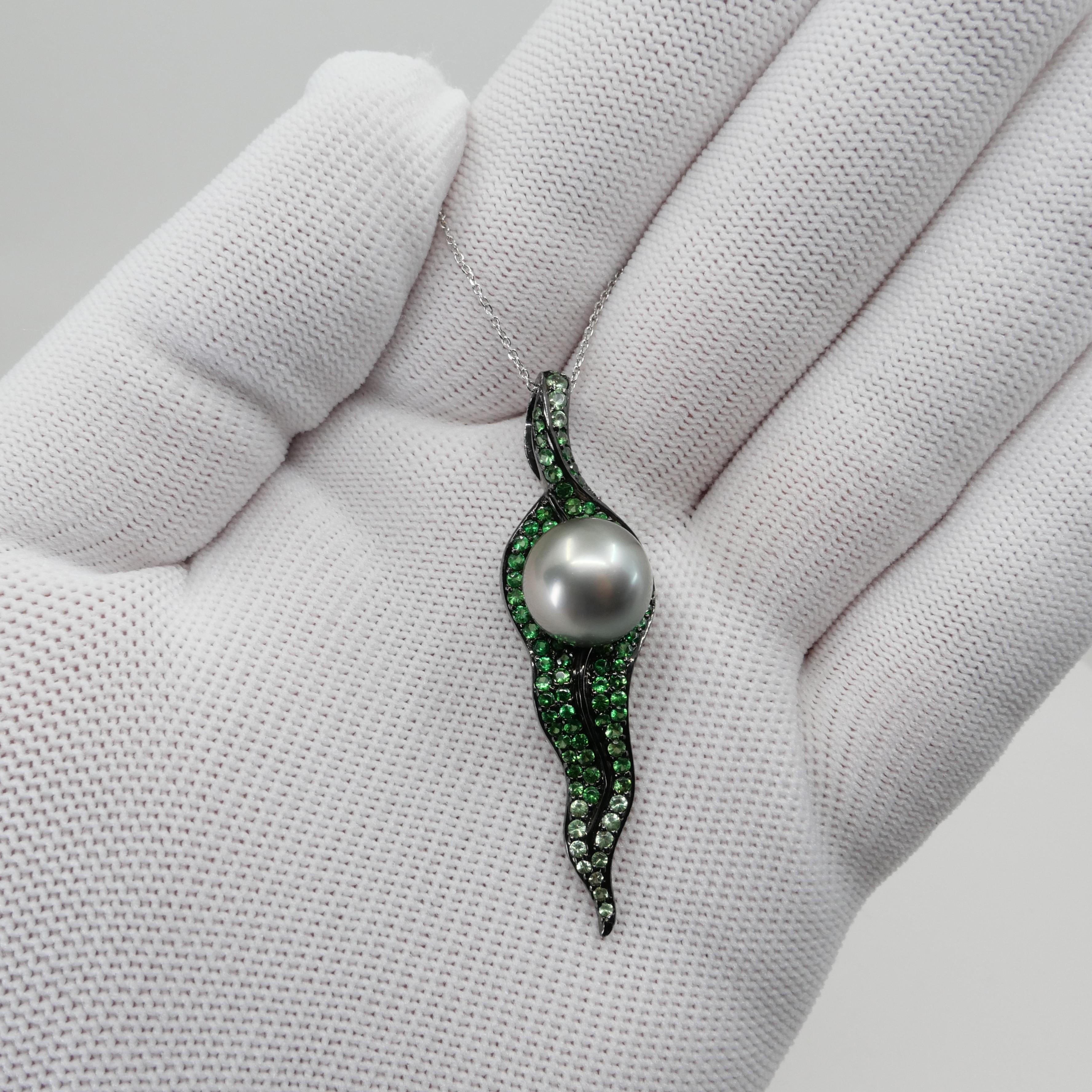 18k Black Gold, Tsavorite Green Garnet & South Sea Pearl Drop Pendant Necklace For Sale 11