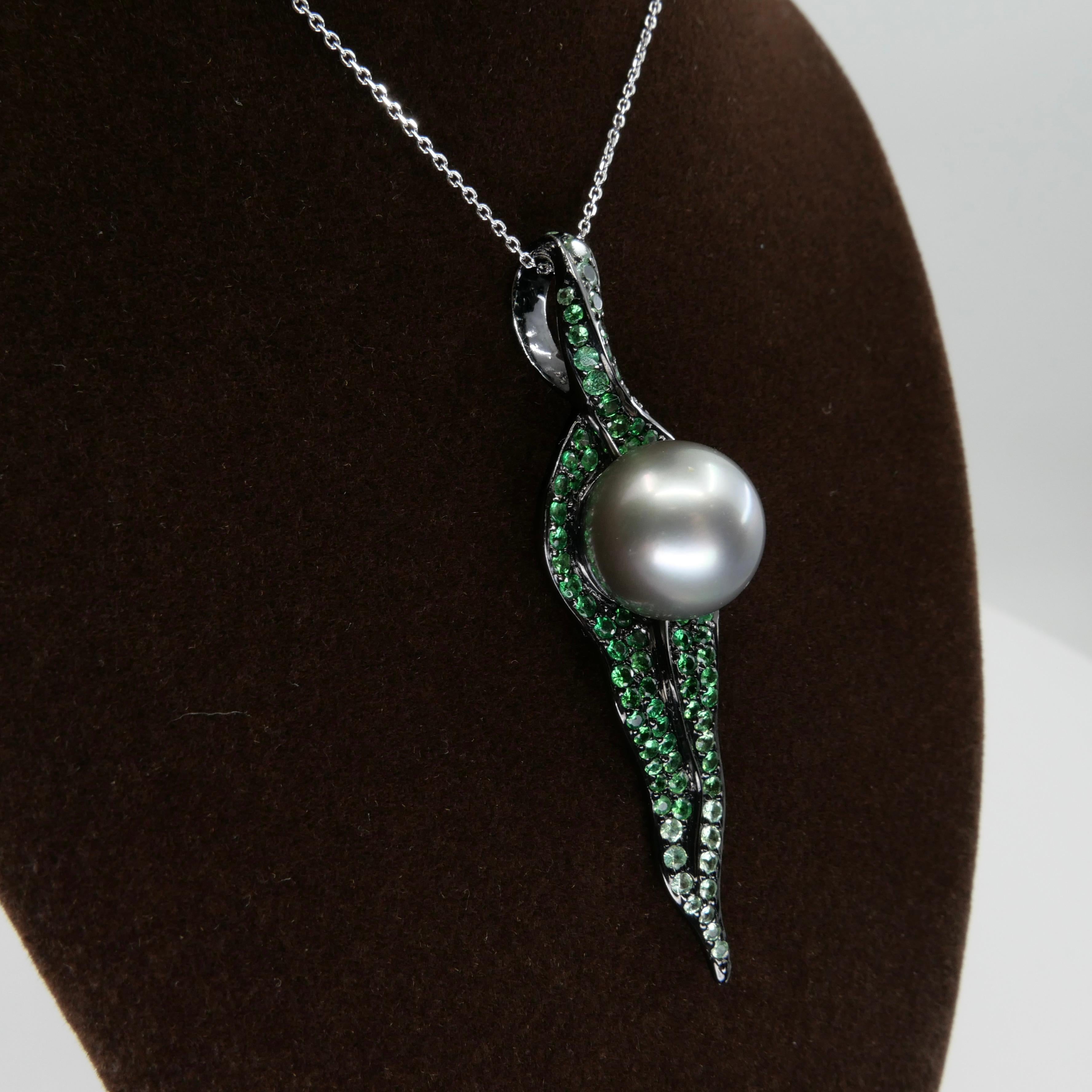 18k Black Gold, Tsavorite Green Garnet & South Sea Pearl Drop Pendant Necklace For Sale 12