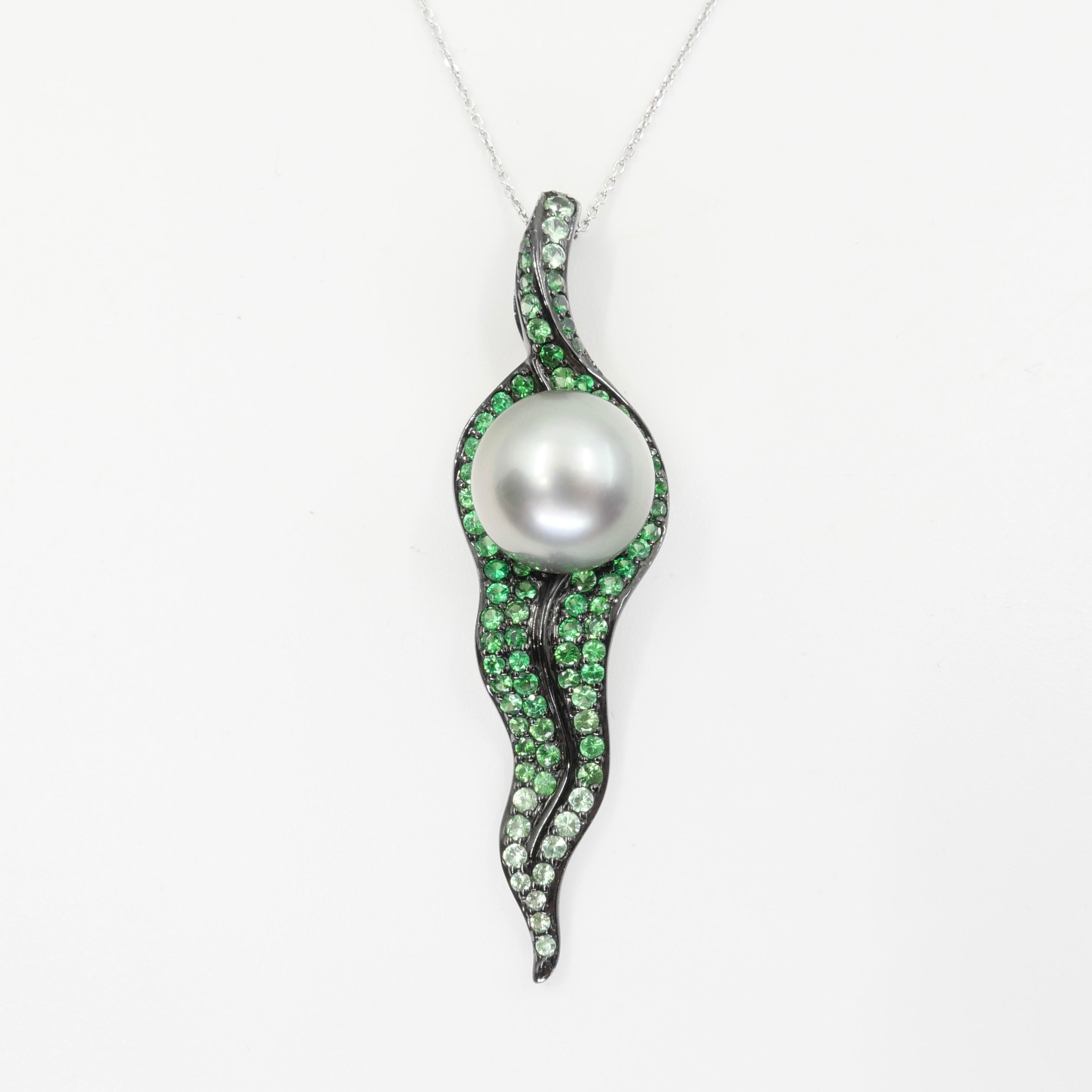 18k Black Gold, Tsavorite Green Garnet & South Sea Pearl Drop Pendant Necklace For Sale 14