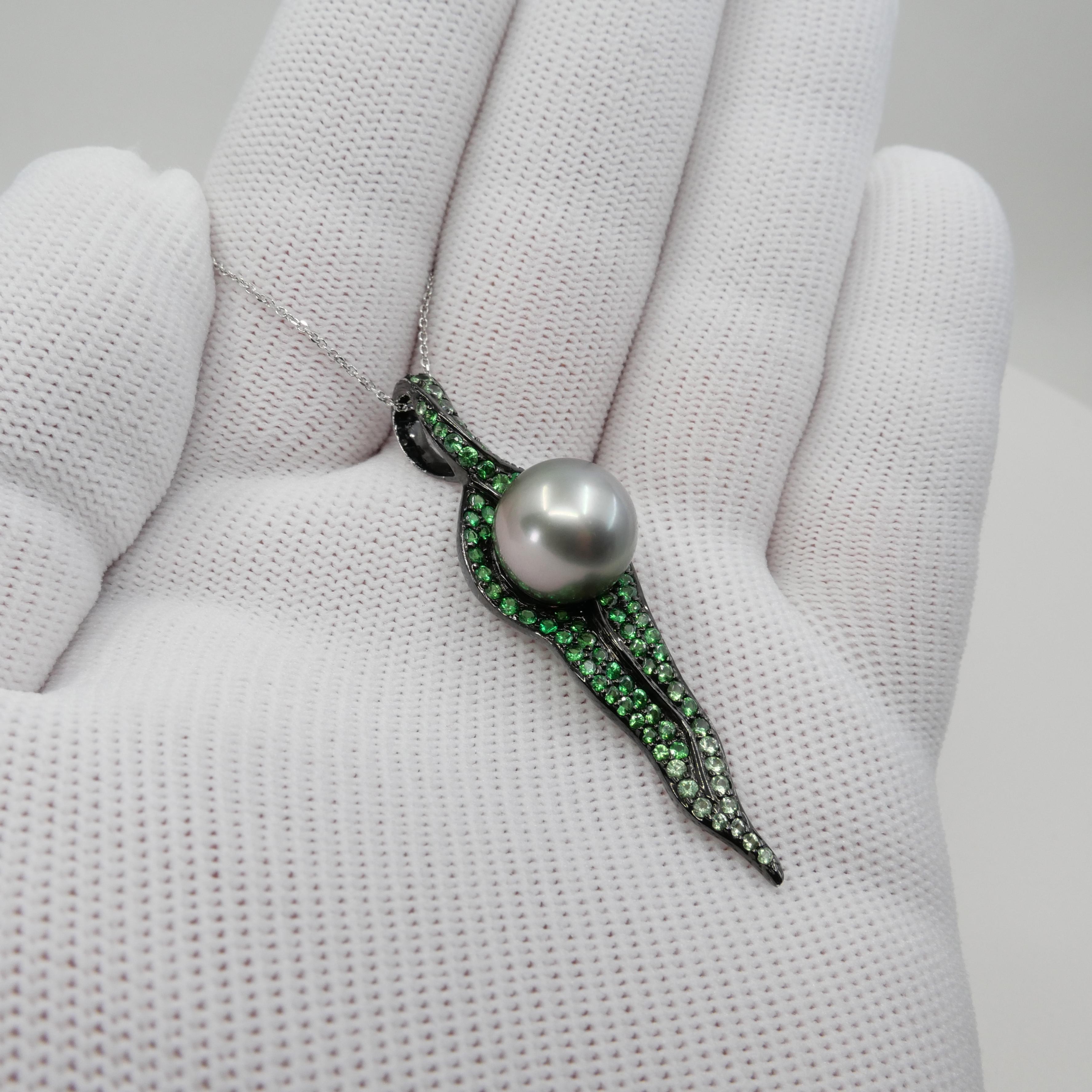 18k Black Gold, Tsavorite Green Garnet & South Sea Pearl Drop Pendant Necklace In New Condition For Sale In Hong Kong, HK