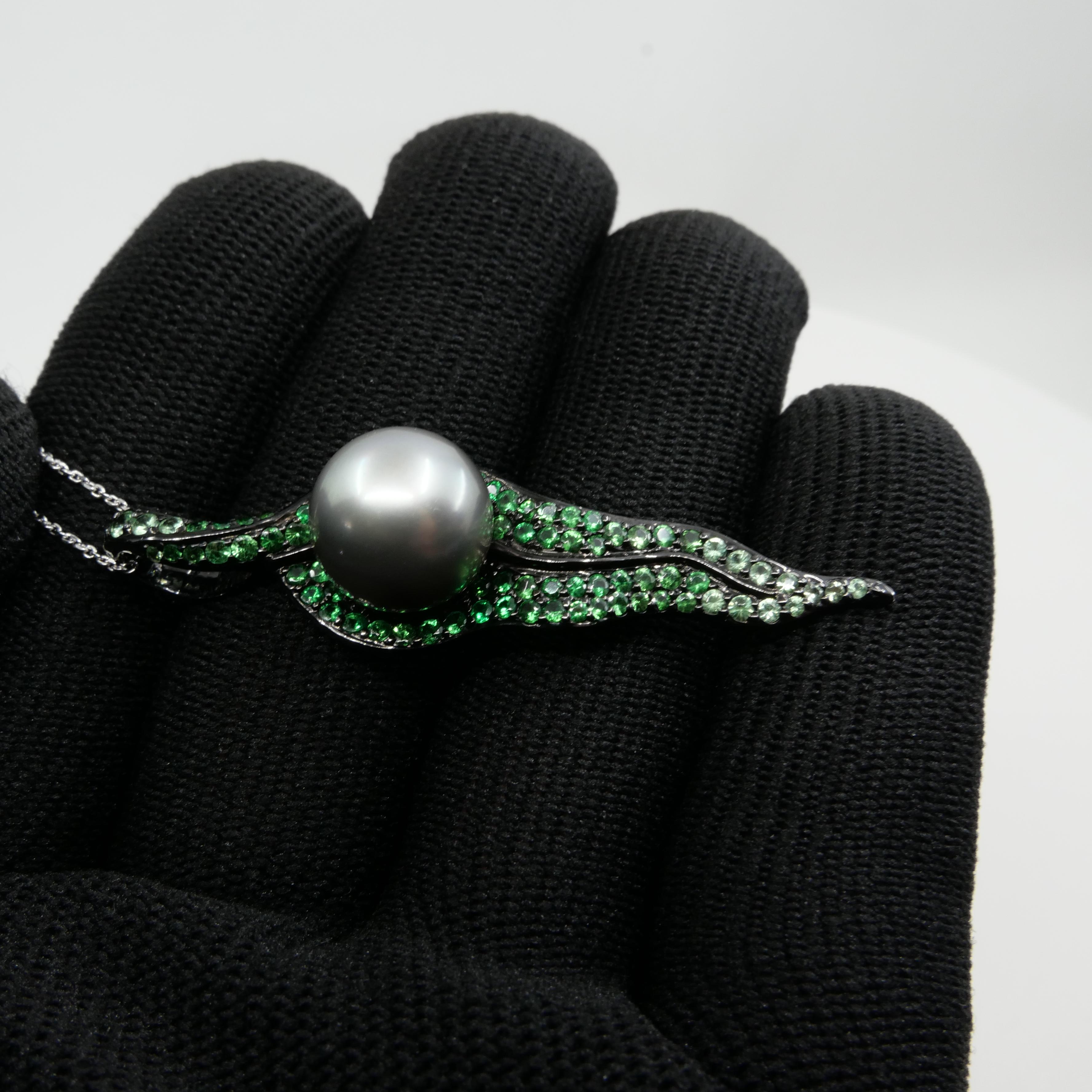 Women's 18k Black Gold, Tsavorite Green Garnet & South Sea Pearl Drop Pendant Necklace For Sale