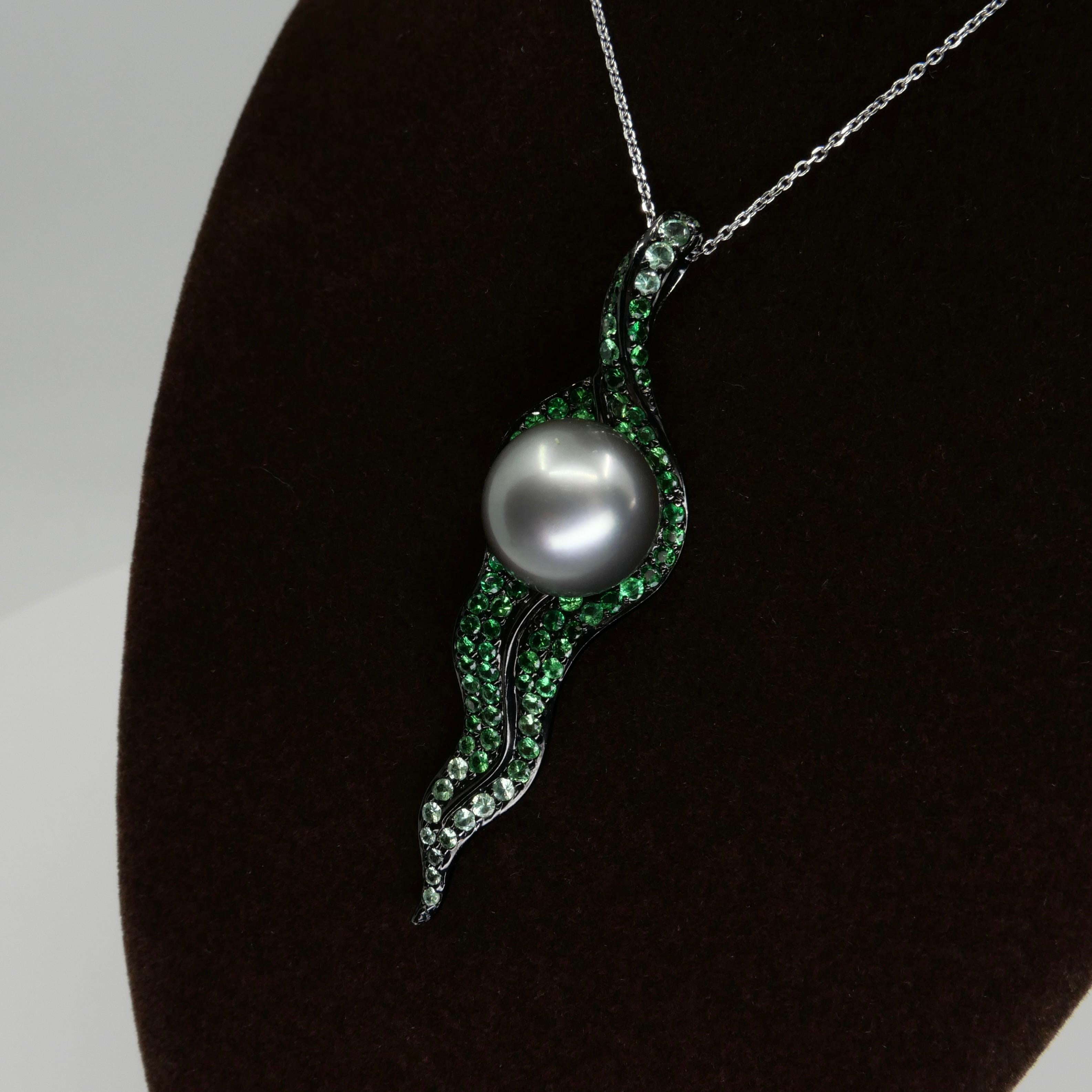 18k Black Gold, Tsavorite Green Garnet & South Sea Pearl Drop Pendant Necklace For Sale 2