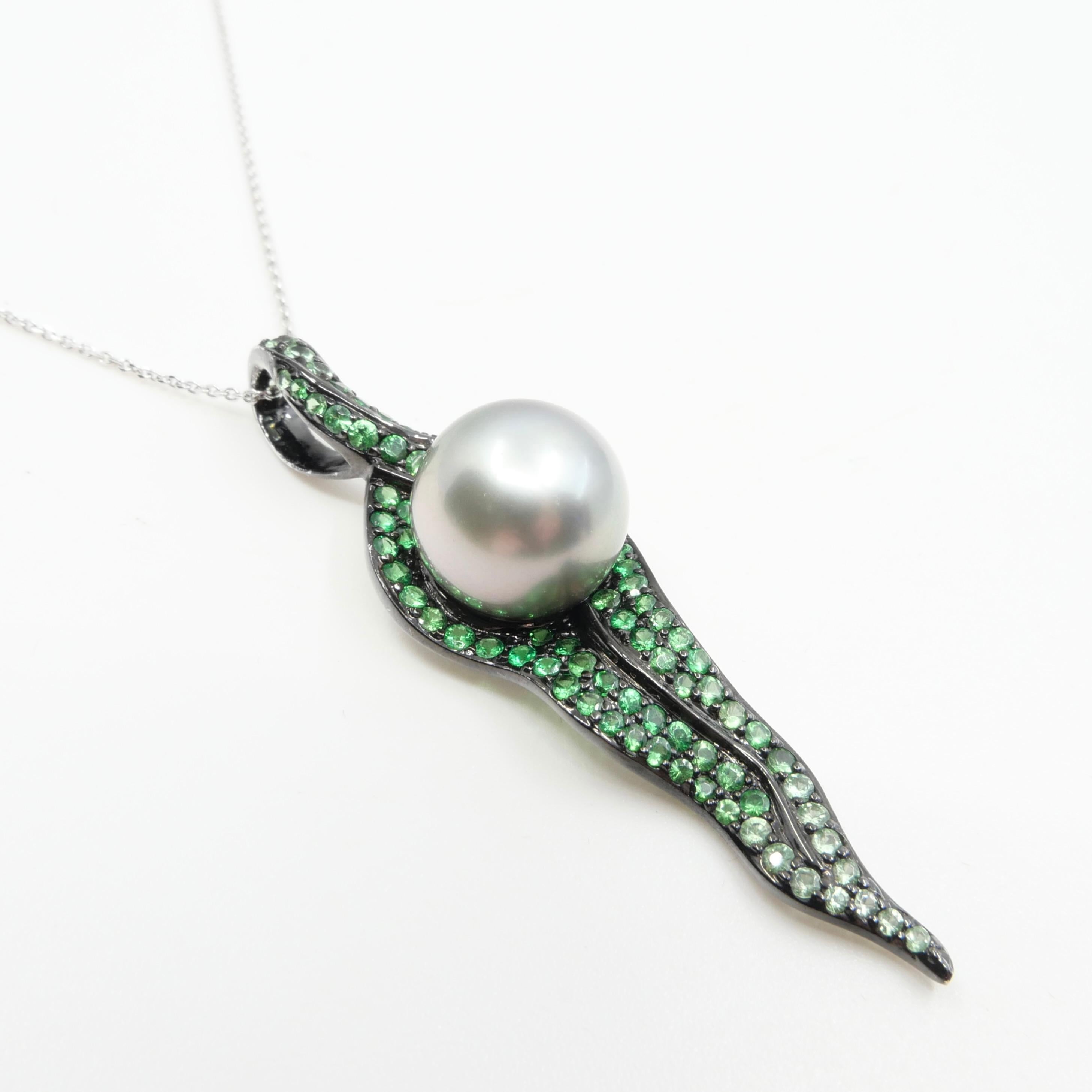 18k Black Gold, Tsavorite Green Garnet & South Sea Pearl Drop Pendant Necklace For Sale 4