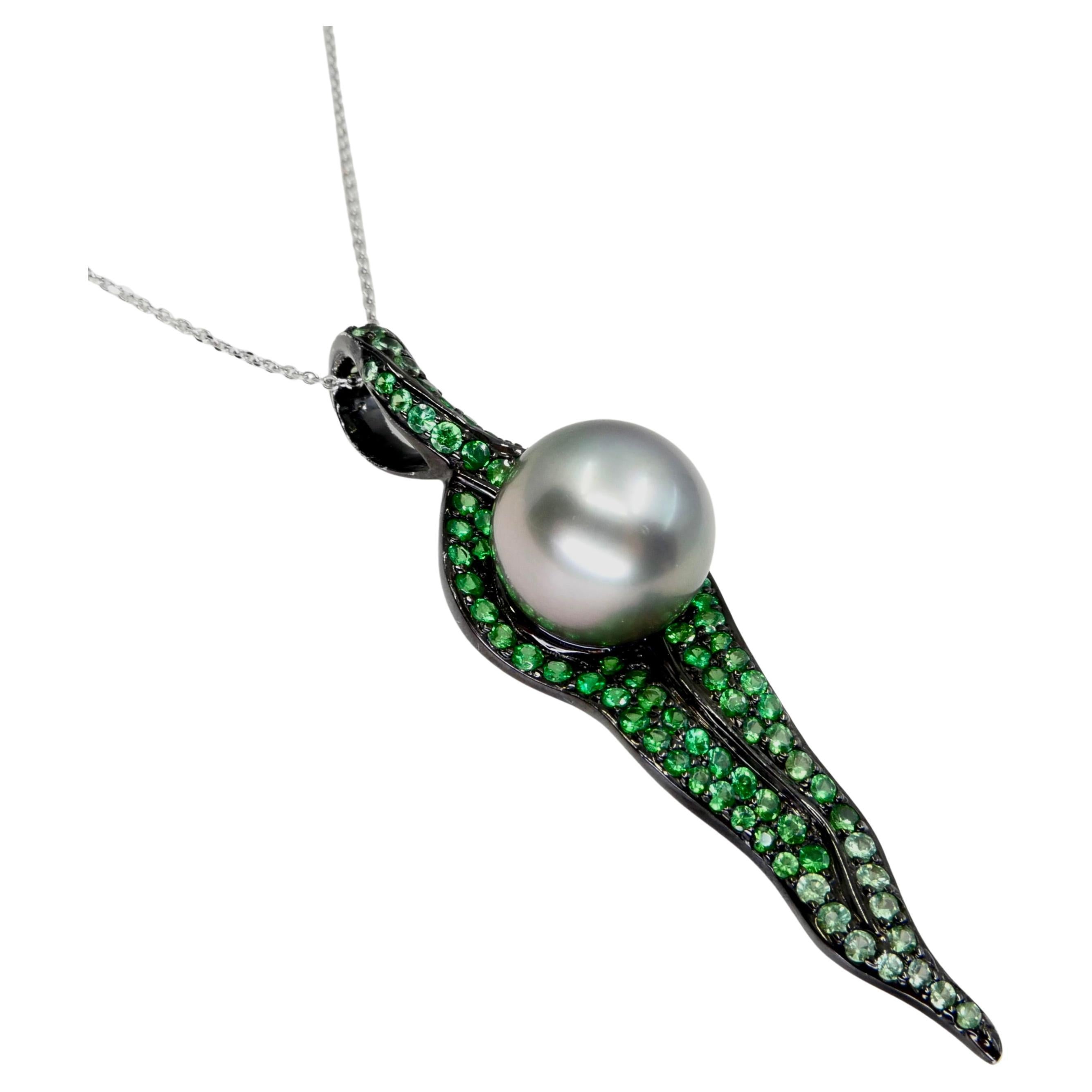 18k Black Gold, Tsavorite Green Garnet & South Sea Pearl Drop Pendant Necklace