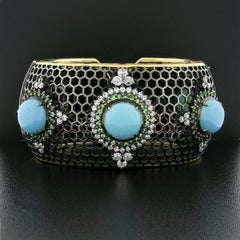 18k Black Gold Turquoise Tsavorite & Diamond Honeycomb Wide Cuff Bangle Bracelet
