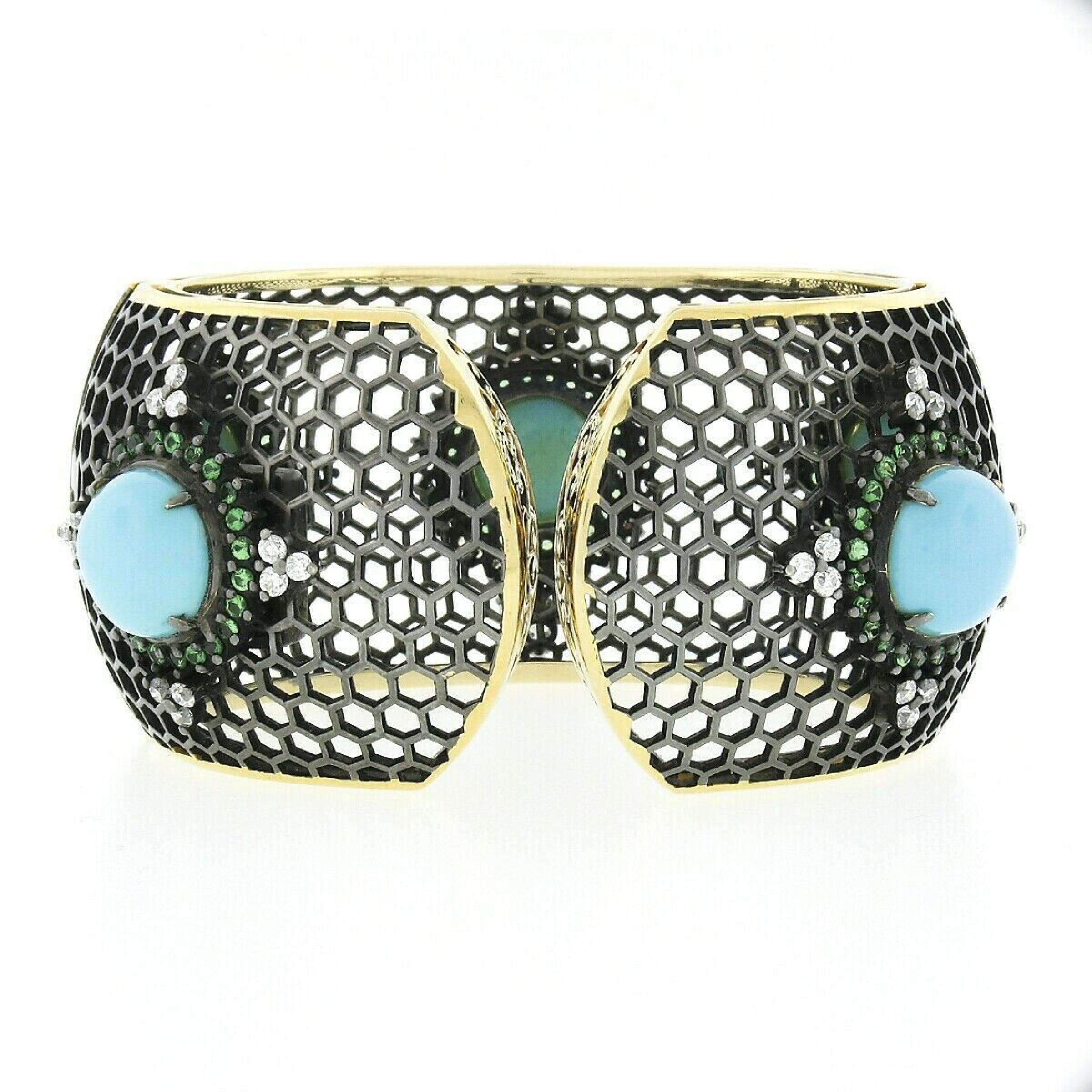 Modern 18k Black Gold Turquoise Tsavorite & Diamond Honeycomb Wide Cuff Bangle Bracelet For Sale