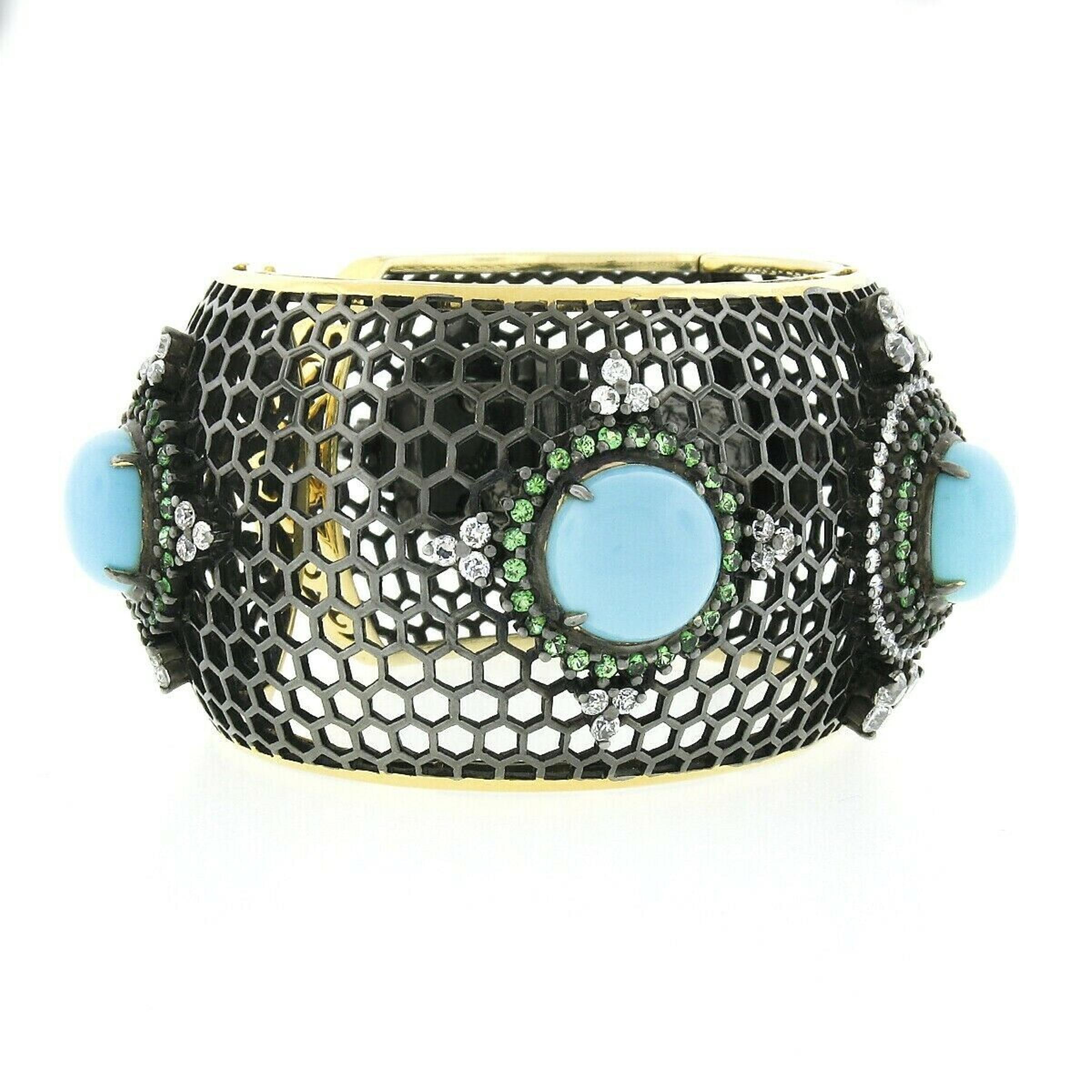 Cabochon 18k Black Gold Turquoise Tsavorite & Diamond Honeycomb Wide Cuff Bangle Bracelet For Sale