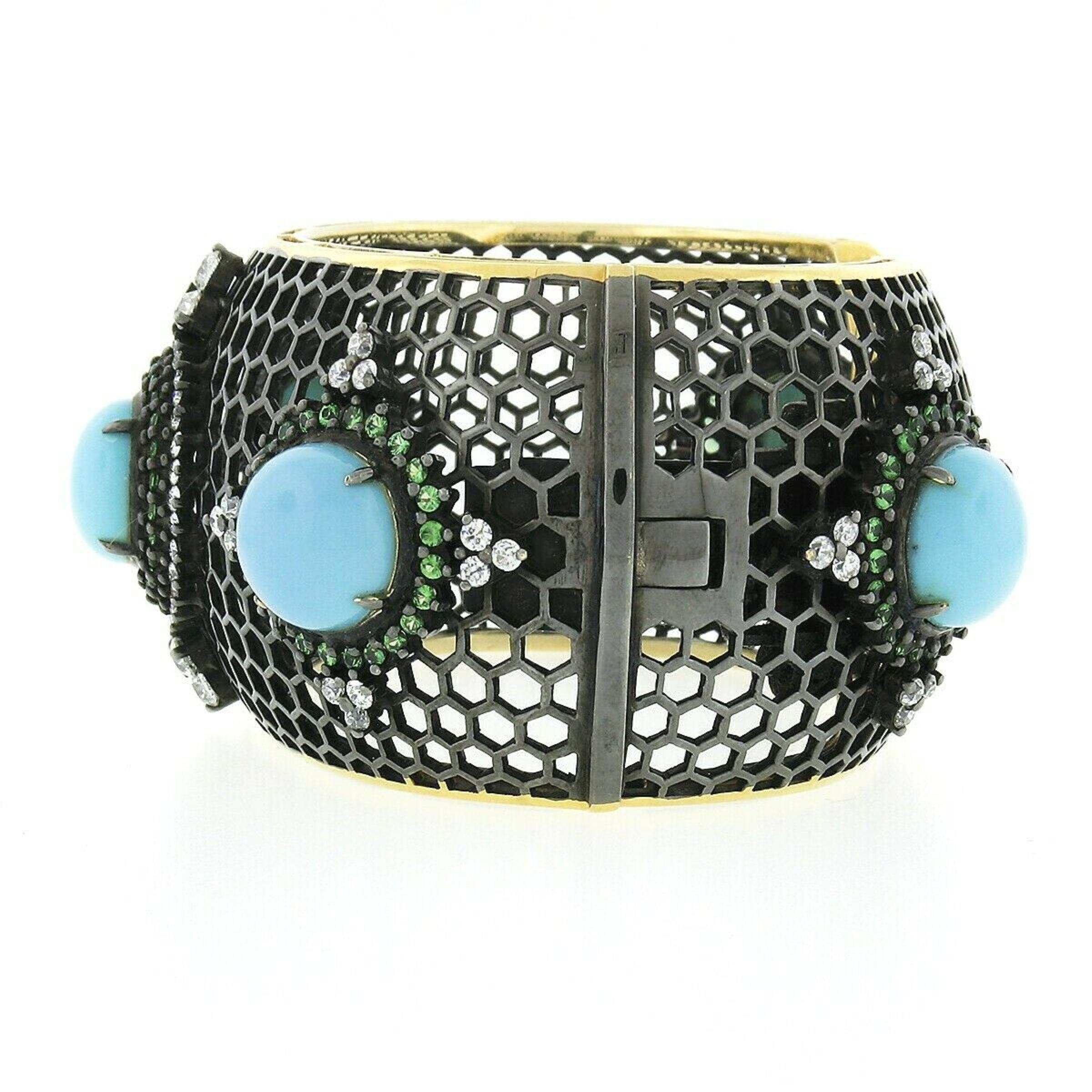 18k Black Gold Turquoise Tsavorite & Diamond Honeycomb Wide Cuff Bangle Bracelet In Good Condition For Sale In Montclair, NJ